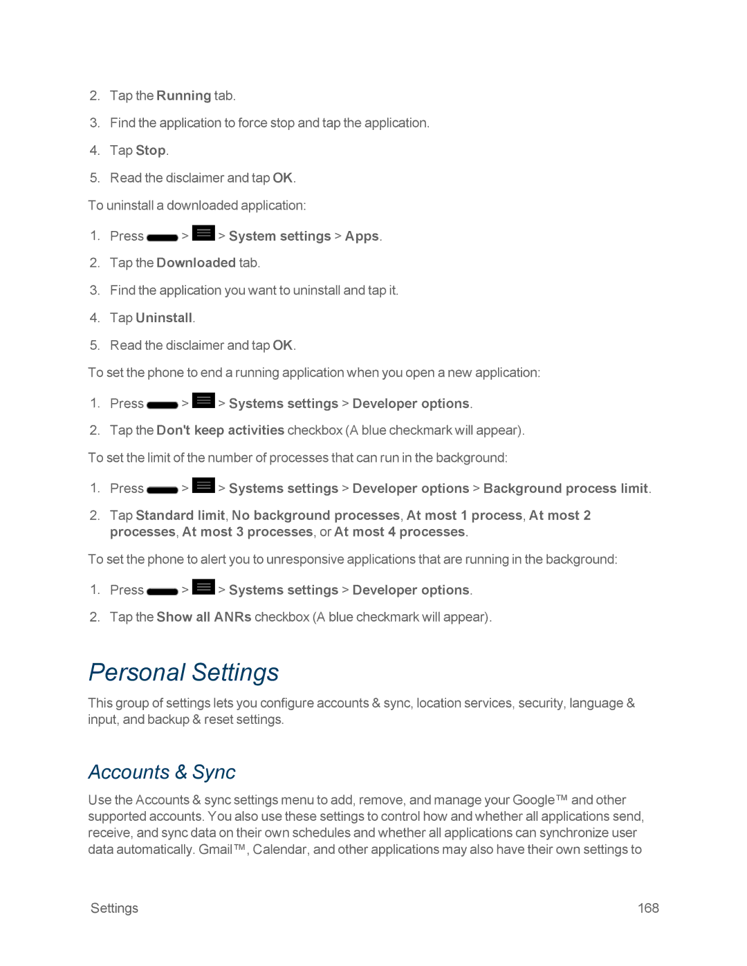 Sprint Nextel LG OPTIMUS F3 Personal Settings, Accounts & Sync, Tap Uninstall, Press Systems settings Developer options 