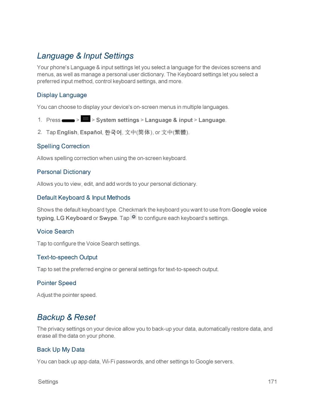 Sprint Nextel LG OPTIMUS F3 manual Language & Input Settings, Backup & Reset 