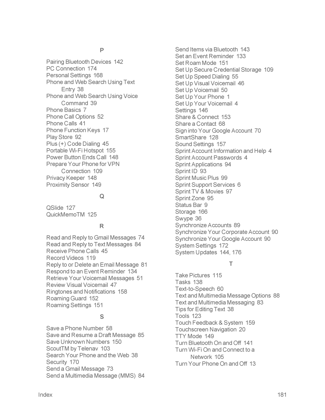 Sprint Nextel LG OPTIMUS F3 manual Network Turn Your Phone On and Off Index 181 