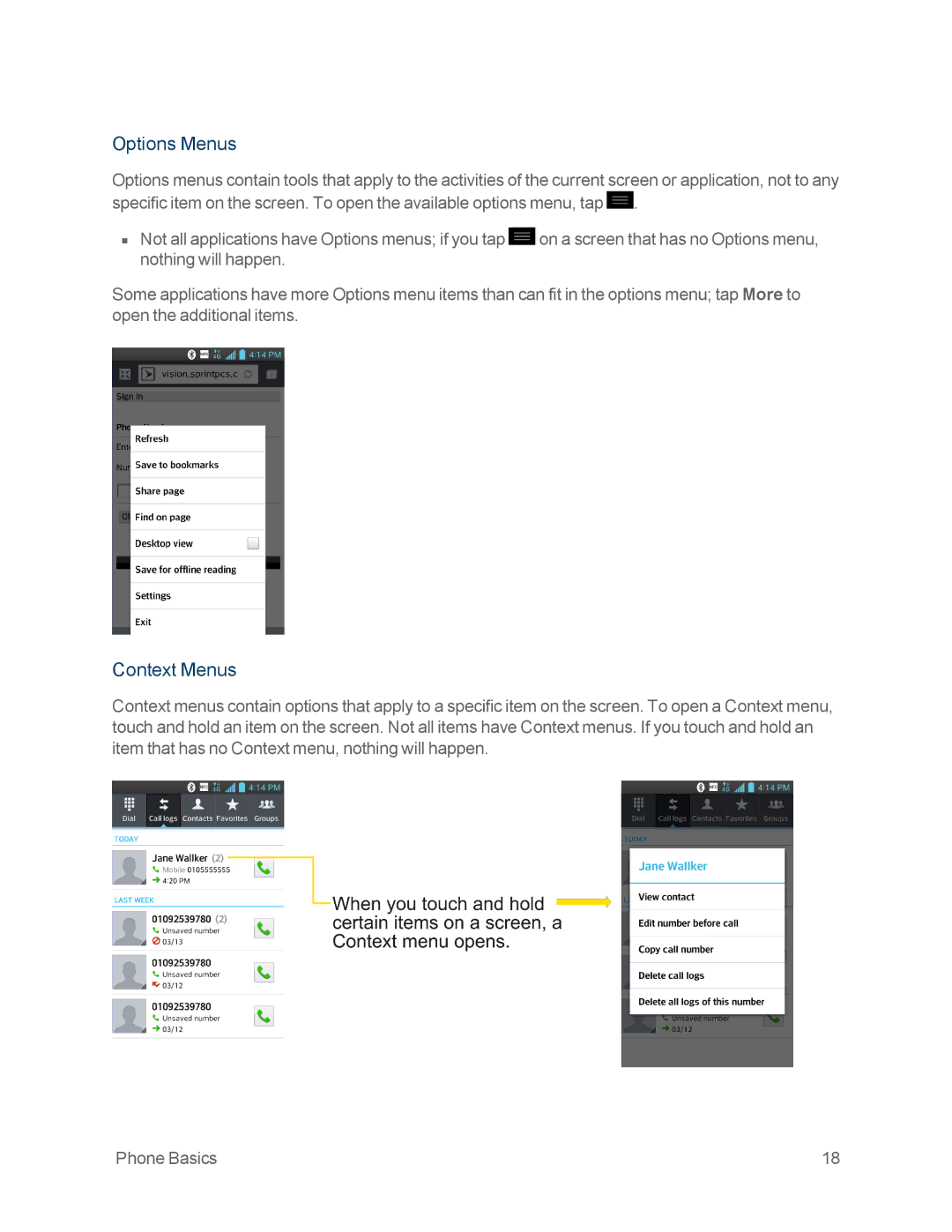 Sprint Nextel LG OPTIMUS F3 manual Options Menus, Context Menus 