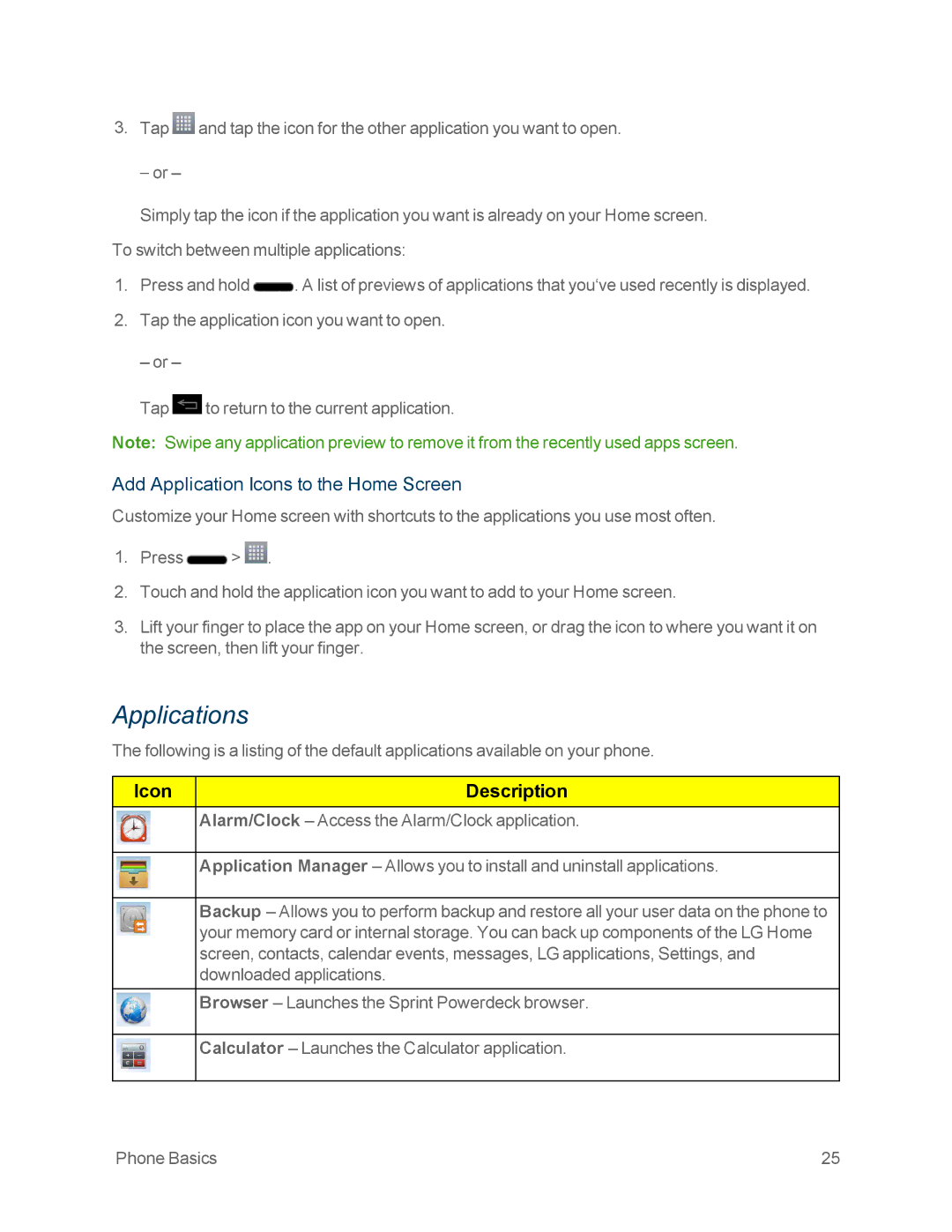 Sprint Nextel LG OPTIMUS F3 manual Applications, Add Application Icons to the Home Screen 