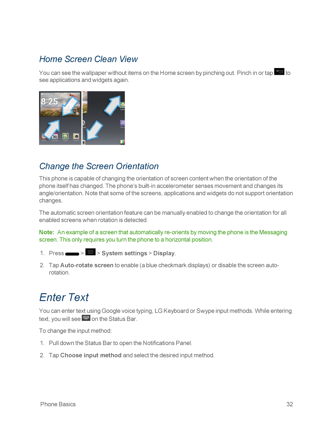 Sprint Nextel LG OPTIMUS F3 manual Enter Text, Home Screen Clean View, Change the Screen Orientation 