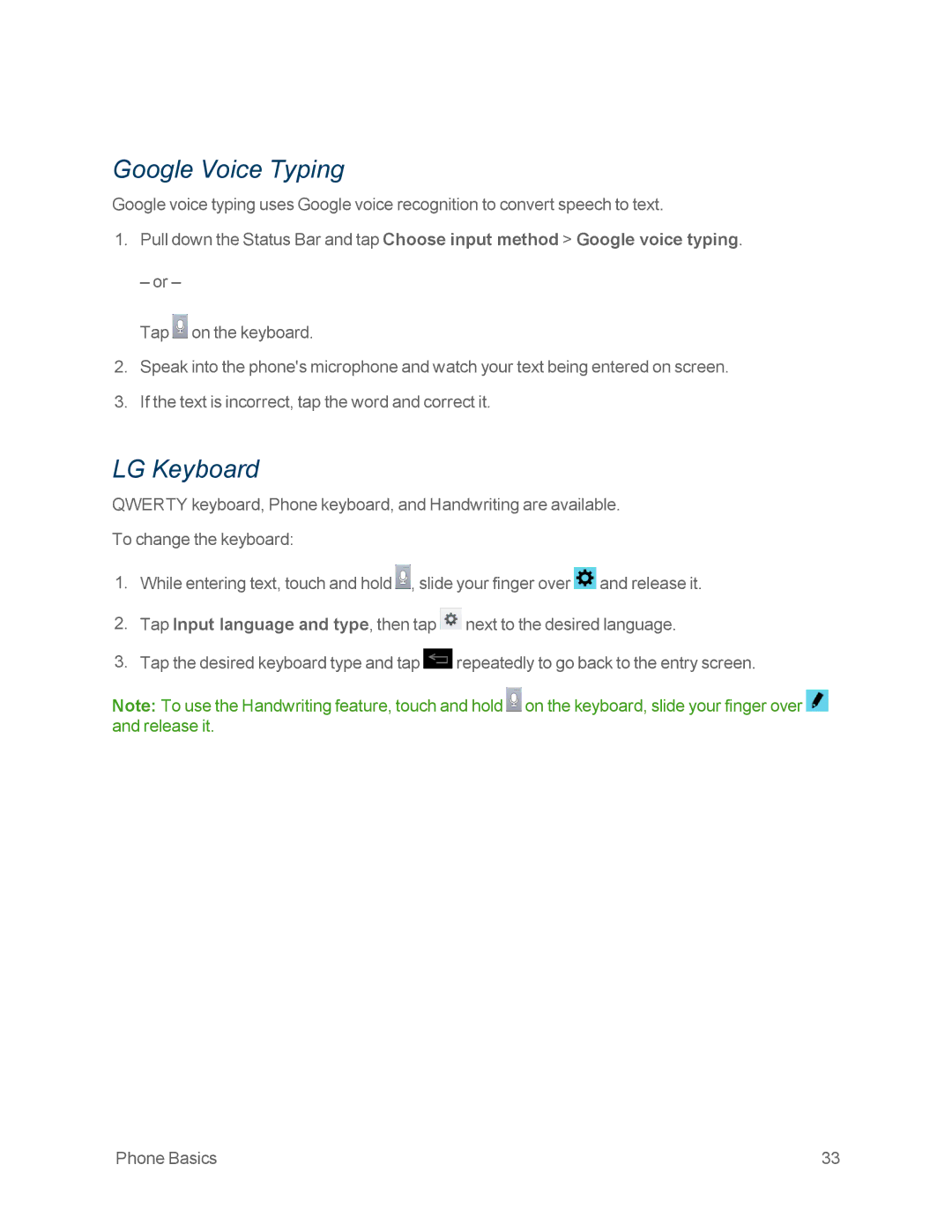 Sprint Nextel LG OPTIMUS F3 manual Google Voice Typing, LG Keyboard 