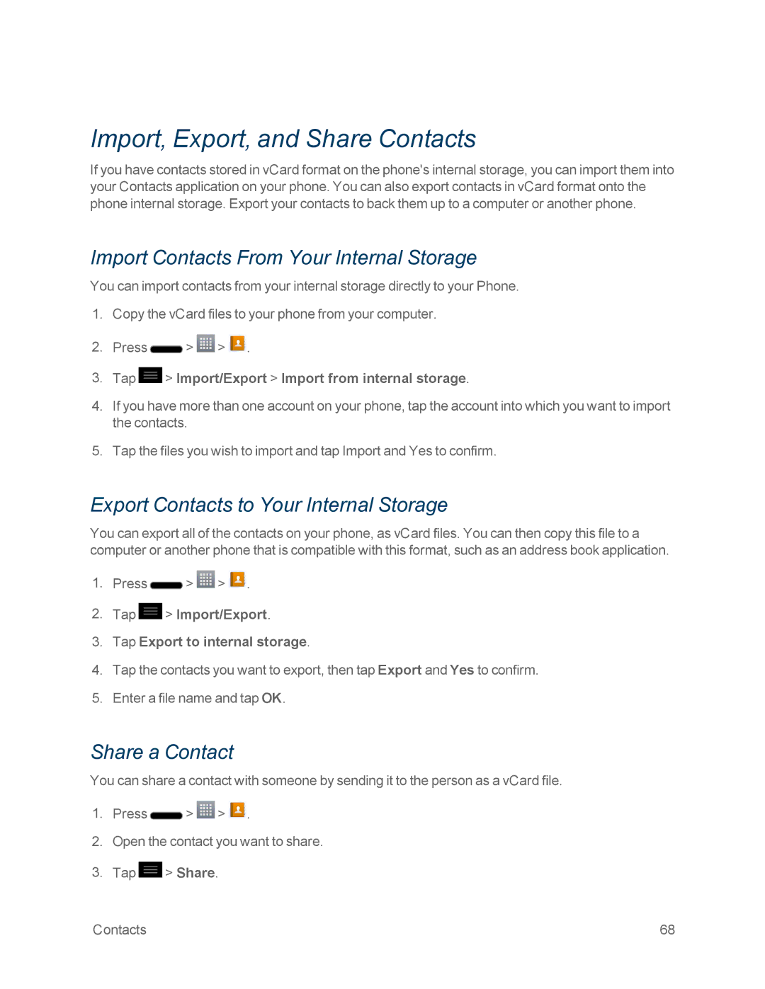 Sprint Nextel LG OPTIMUS F3 manual Import, Export, and Share Contacts, Import Contacts From Your Internal Storage 