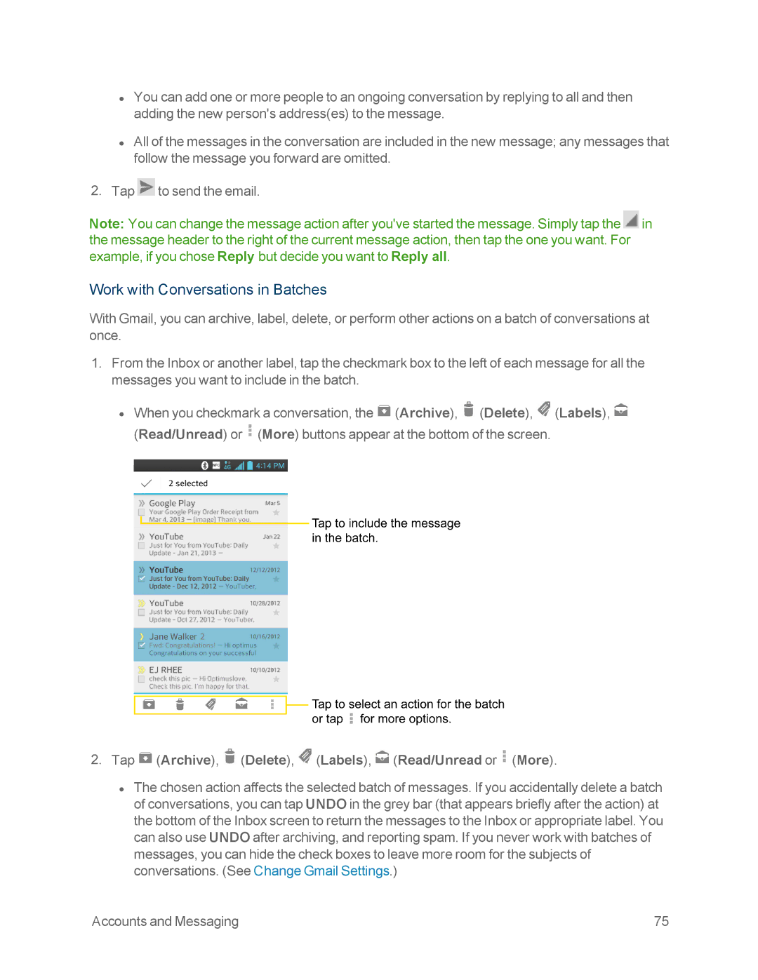 Sprint Nextel LG OPTIMUS F3 manual Work with Conversations in Batches, Tap Archive, Delete, Labels, Read/Unread or More 