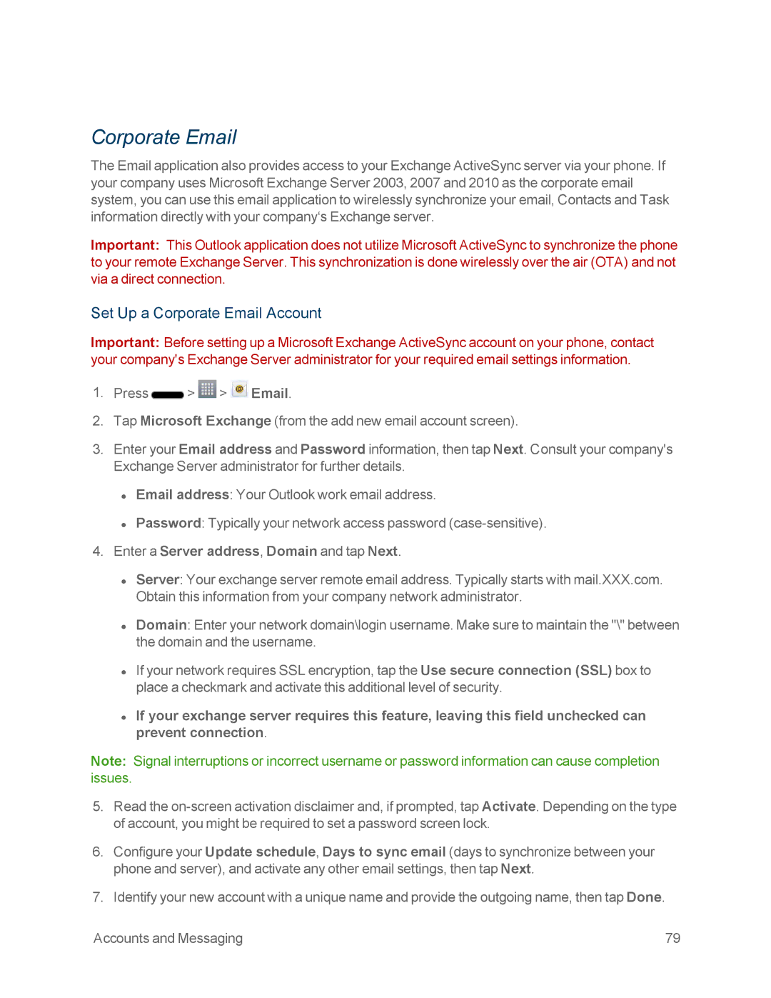 Sprint Nextel LG OPTIMUS F3 manual Set Up a Corporate Email Account, Enter a Server address, Domain and tap Next 