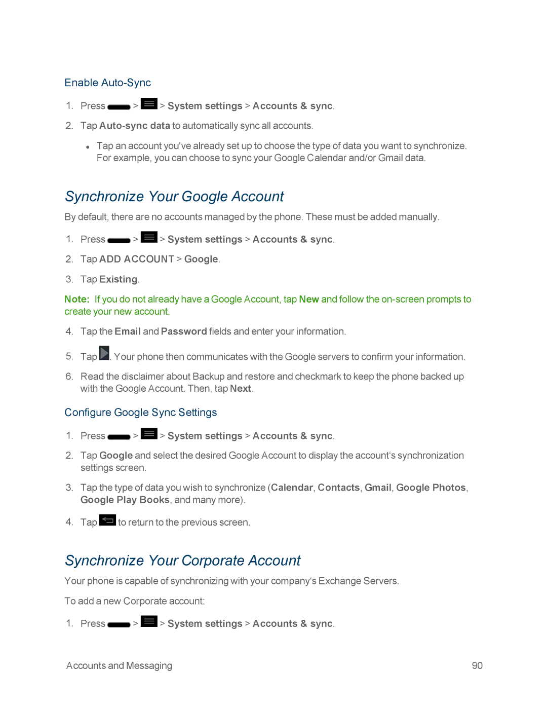 Sprint Nextel LG OPTIMUS F3 manual Synchronize Your Google Account, Synchronize Your Corporate Account, Enable Auto-Sync 