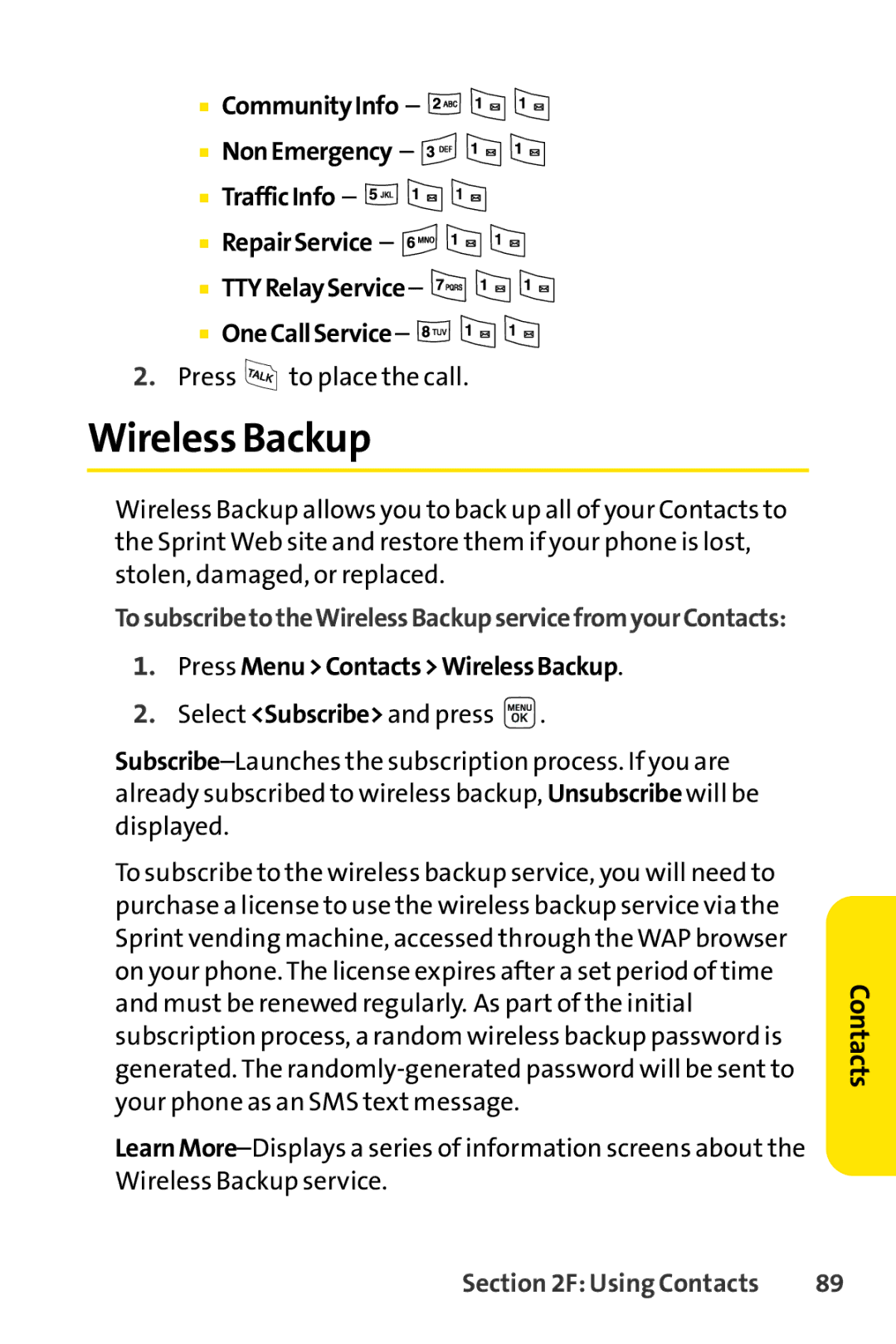 Sprint Nextel LX160 manual Wireless Backup, Press MenuContactsWirelessBackup 