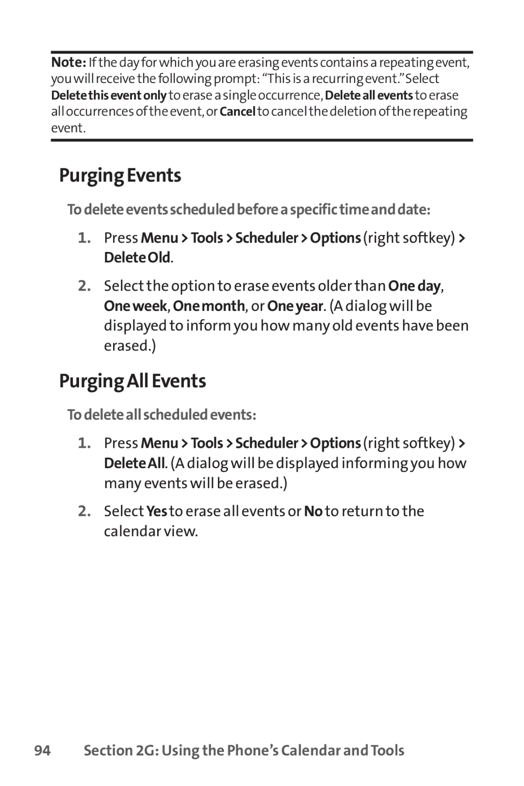 Sprint Nextel LX160 manual Purging Events, Purging All Events, Todeleteeventsscheduledbeforeaspecifictimeanddate 