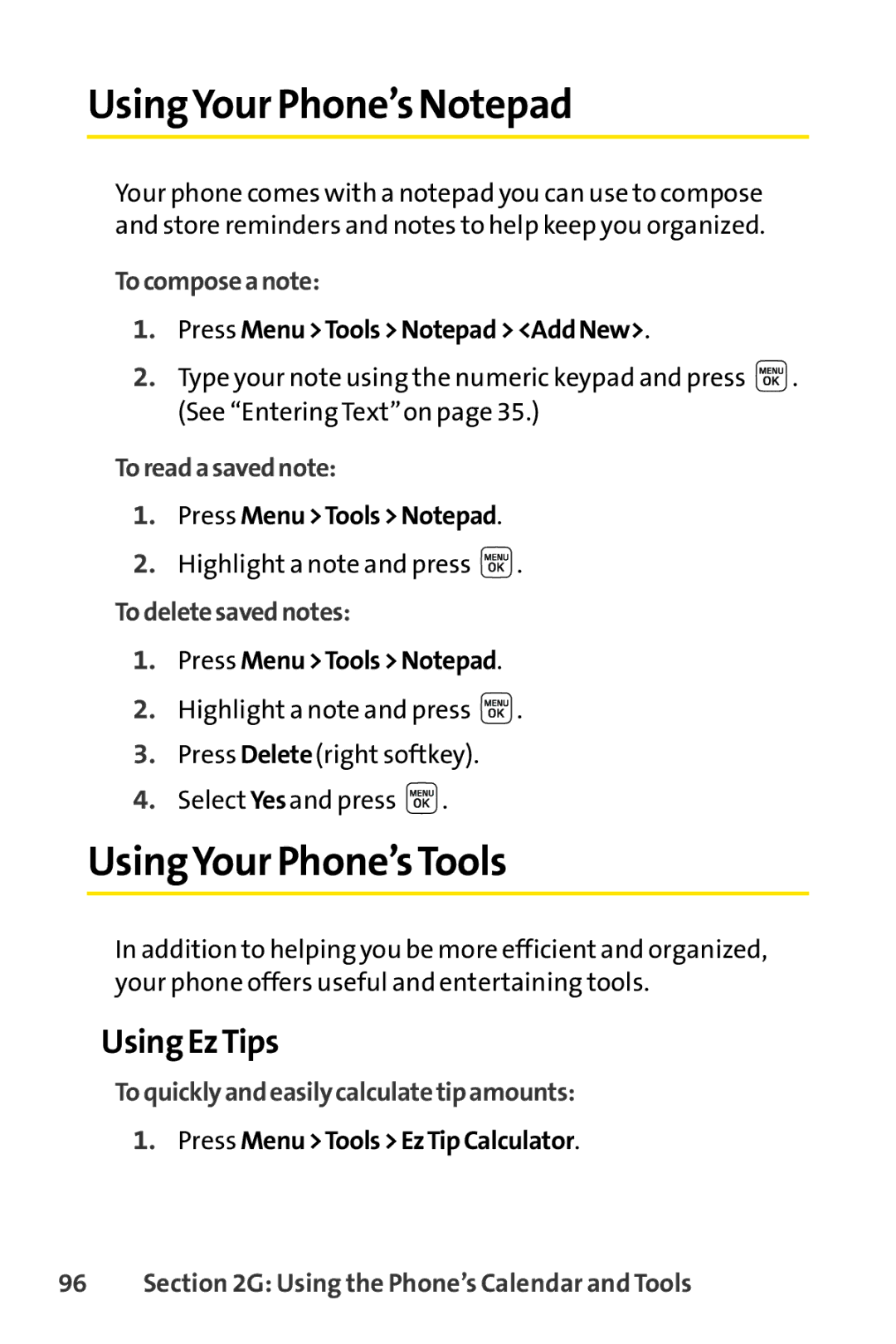 Sprint Nextel LX160 manual UsingYour Phone’s Notepad, UsingYour Phone’sTools, Using EzTips 