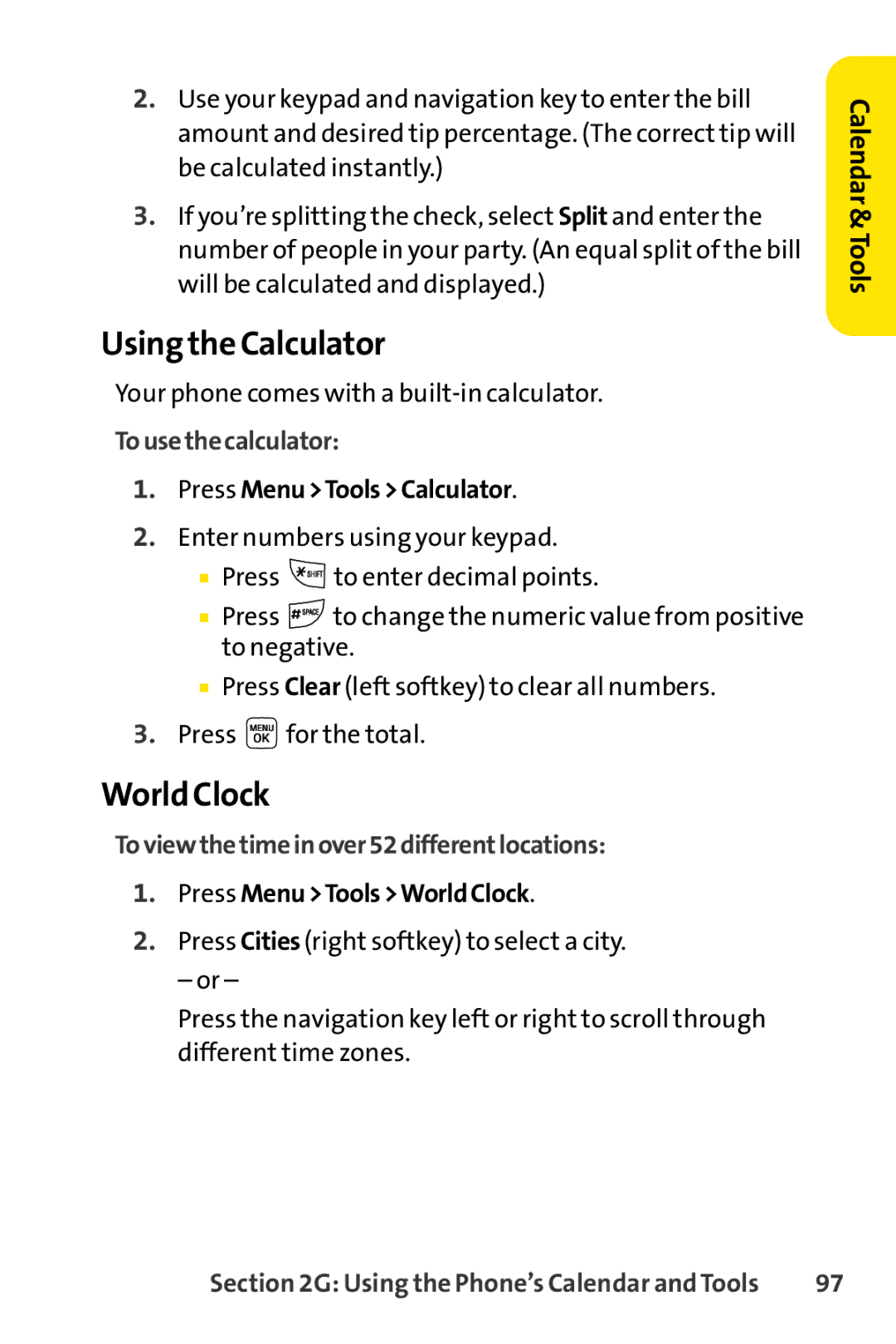 Sprint Nextel LX160 manual Using the Calculator, World Clock, Tousethecalculator, Toviewthetimeinover52differentlocations 