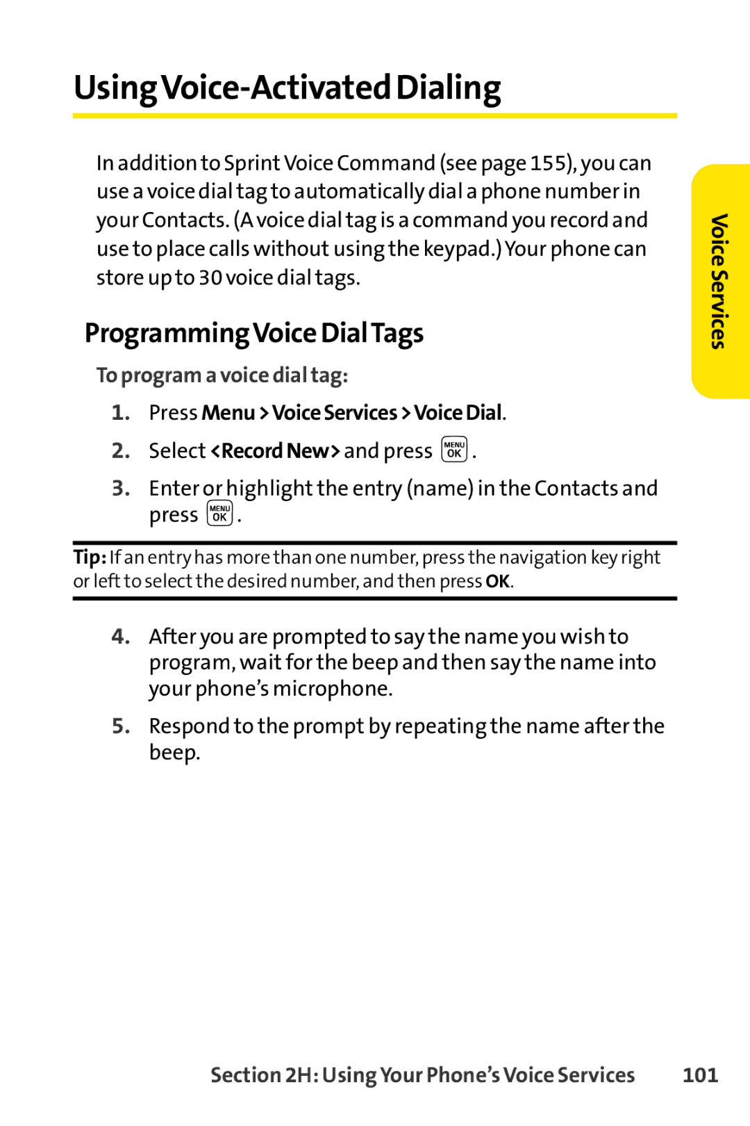 Sprint Nextel LX160 manual UsingVoice-Activated Dialing, ProgrammingVoice DialTags, To program a voice dial tag, 101 