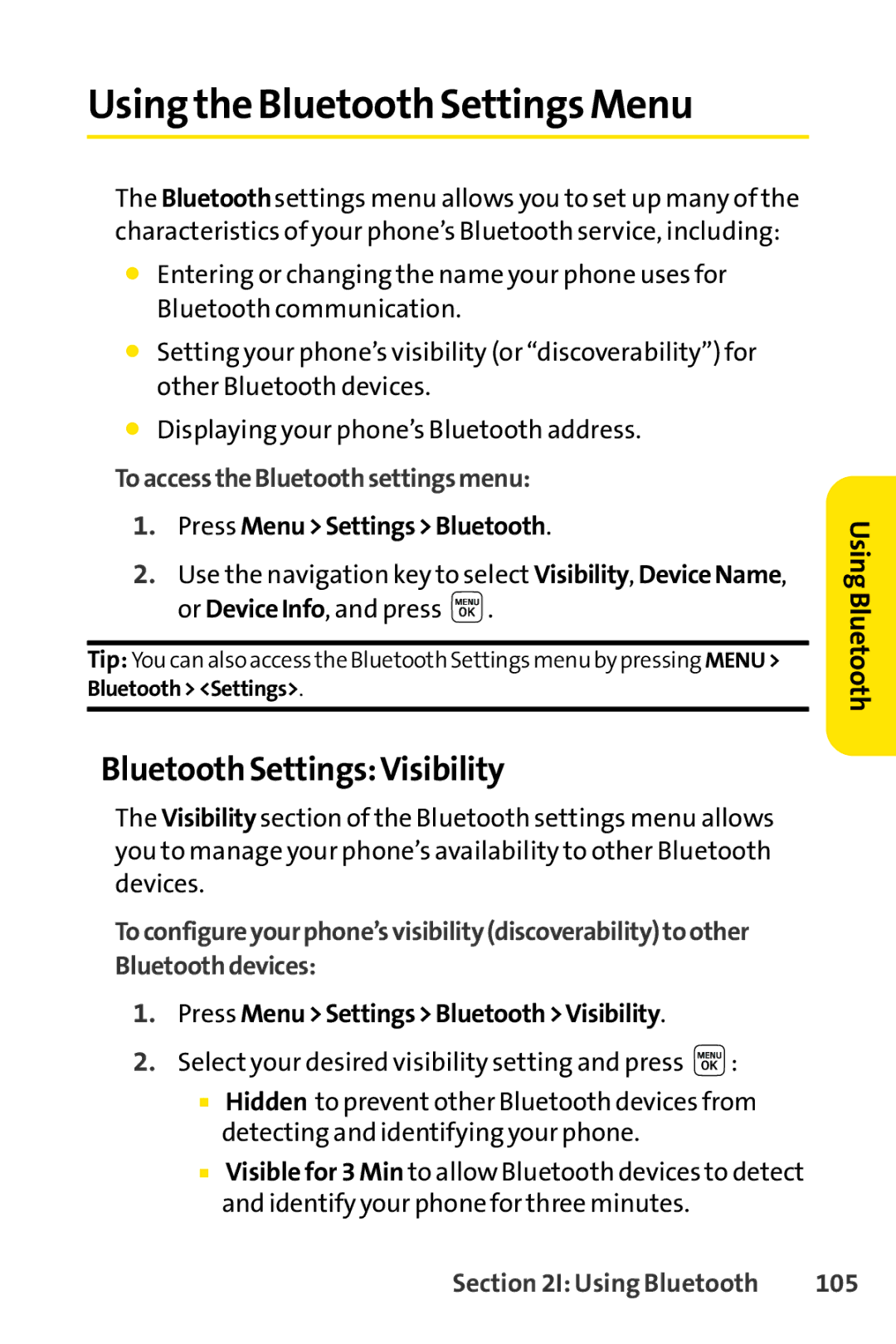 Sprint Nextel LX160 Using the Bluetooth SettingsMenu, Bluetooth SettingsVisibility, ToaccesstheBluetoothsettingsmenu, 105 