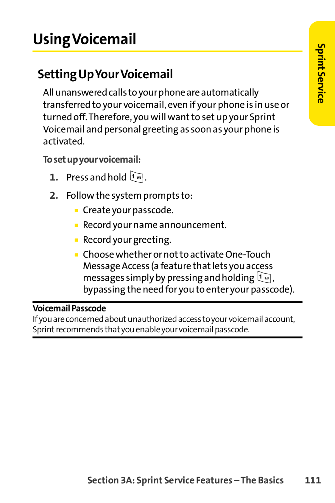 Sprint Nextel LX160 manual UsingVoicemail, Setting UpYourVoicemail, 111 