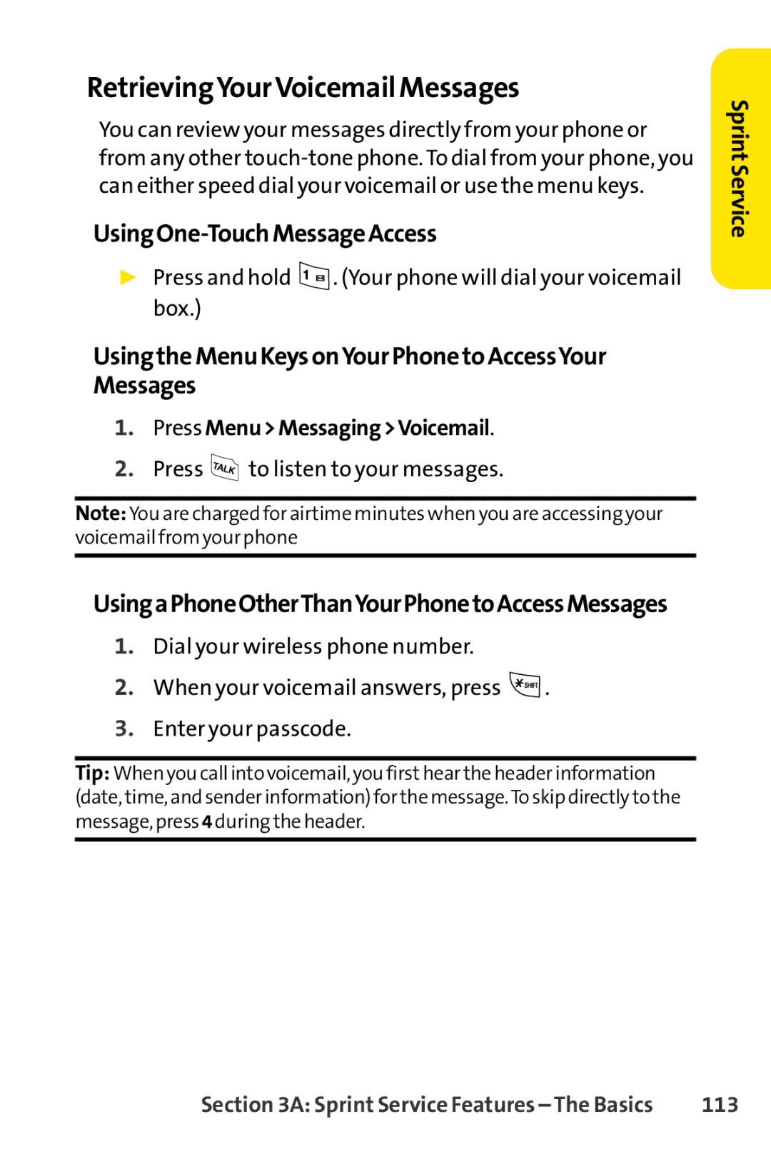 Sprint Nextel LX160 manual RetrievingYourVoicemail Messages, UsingOne-TouchMessageAccess, 113 