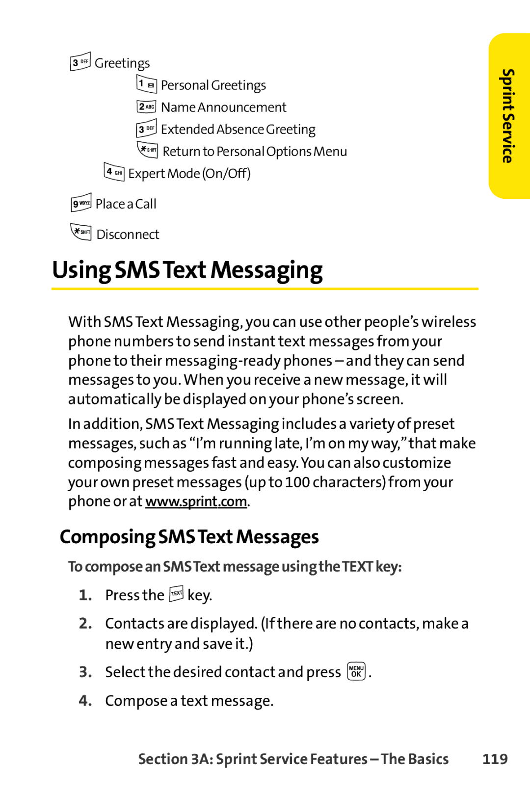 Sprint Nextel LX160 manual Using SMSTextMessaging, Composing SMSTextMessages, TocomposeanSMSTextmessageusingtheTEXTkey, 119 