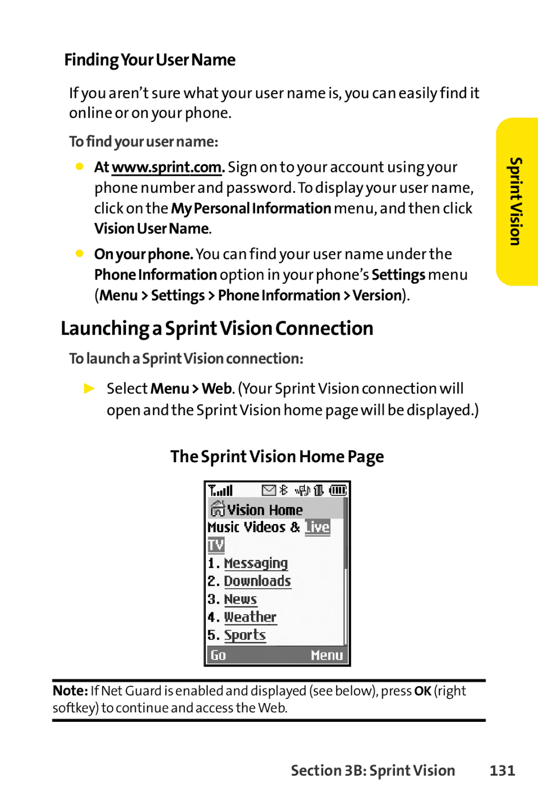 Sprint Nextel LX160 manual Launchinga SprintVision Connection, FindingYourUserName, SprintVision Home 