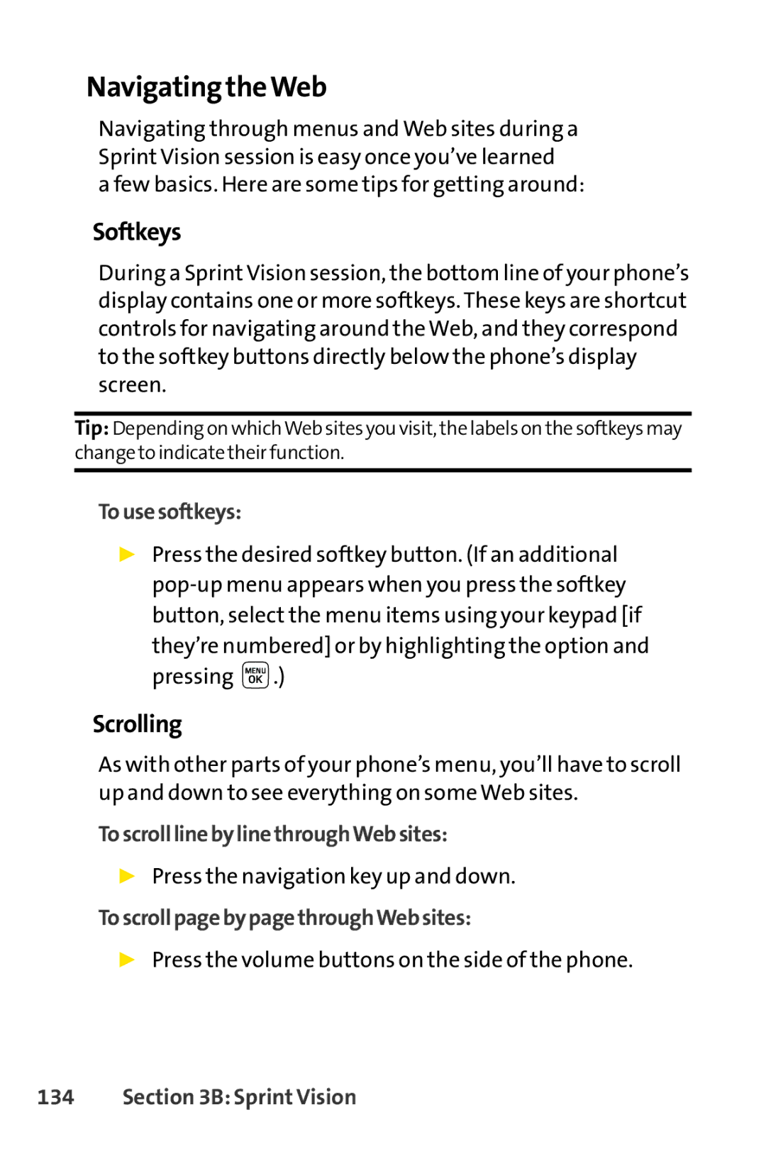 Sprint Nextel LX160 manual Navigating theWeb, Softkeys, Scrolling 