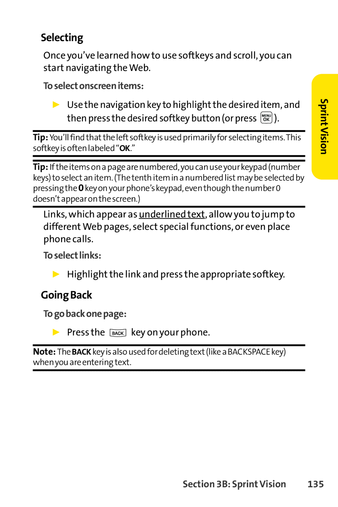 Sprint Nextel LX160 manual Selecting, GoingBack 