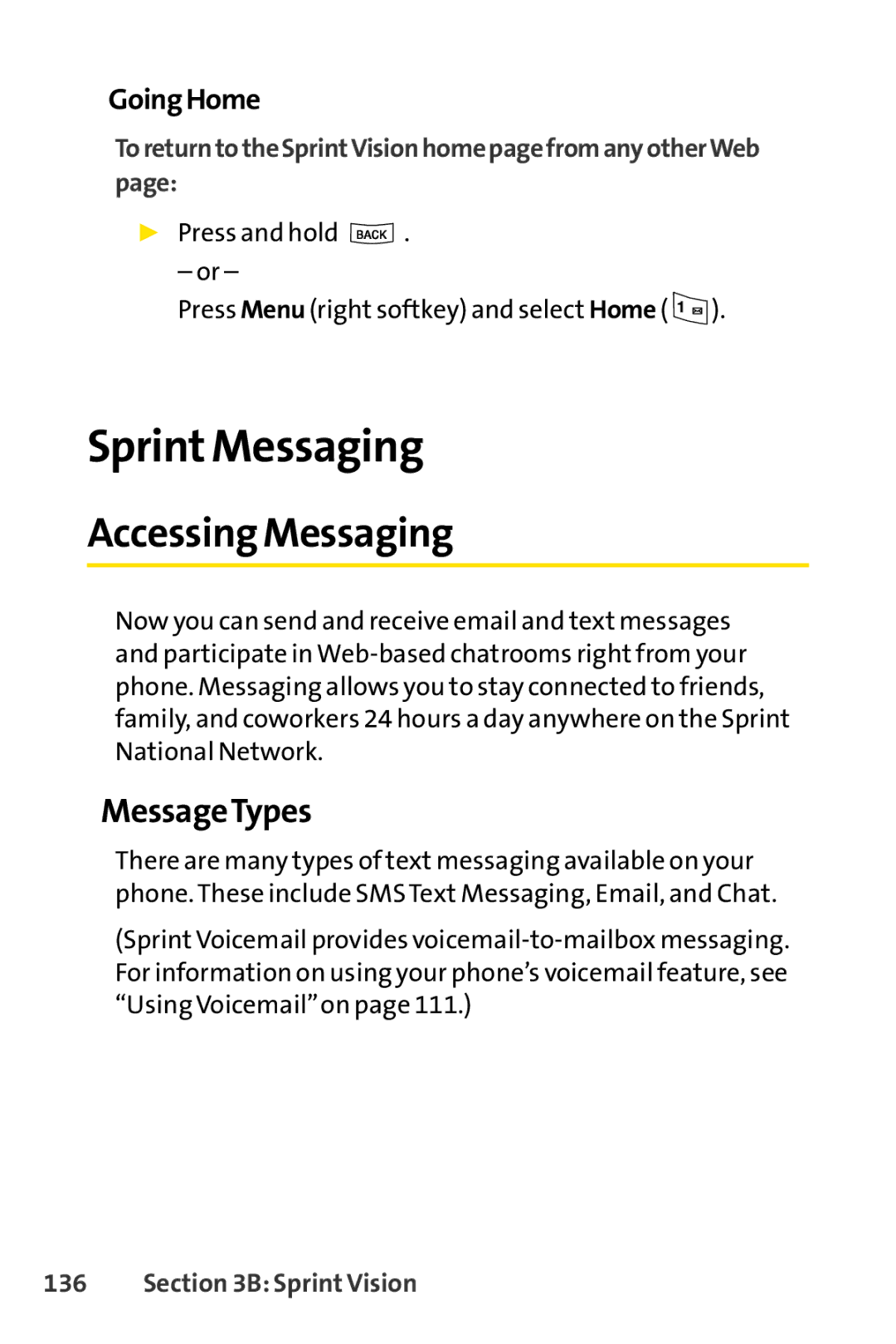 Sprint Nextel LX160 manual Sprint Messaging, Accessing Messaging, MessageTypes, GoingHome 