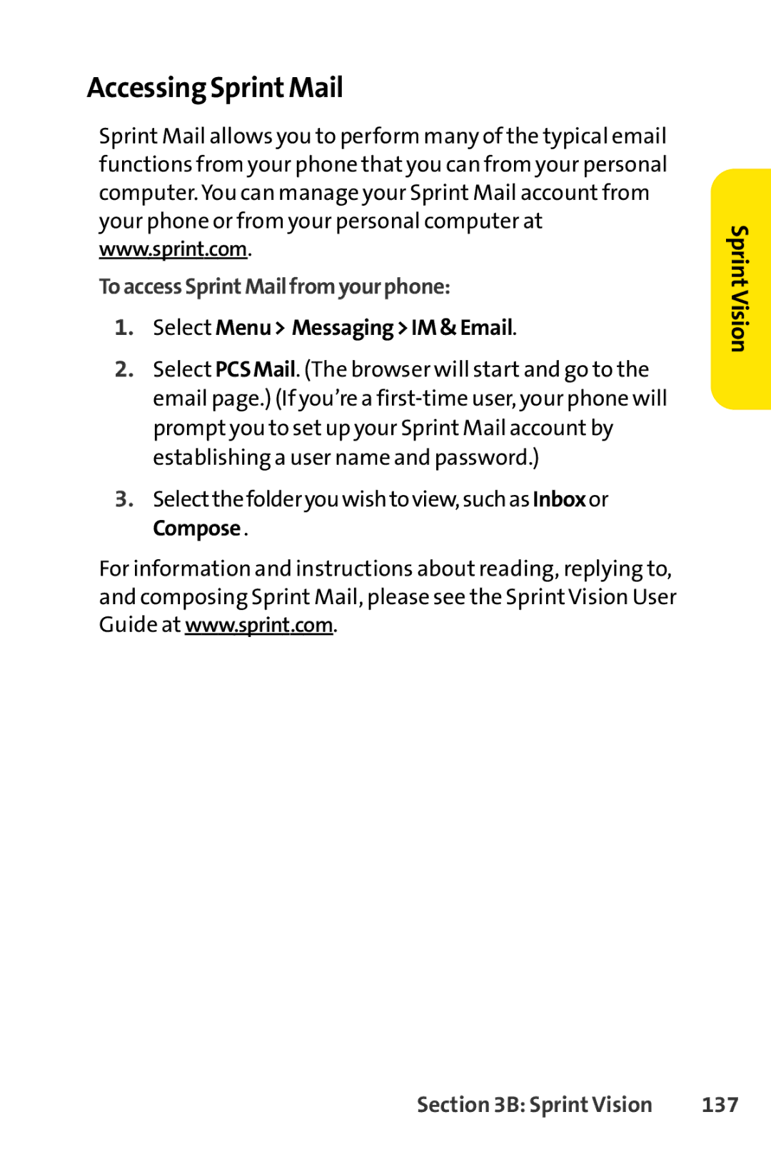 Sprint Nextel LX160 manual Accessing SprintMail, ToaccessSprintMailfromyourphone, Select Menu MessagingIM&Email, 137 