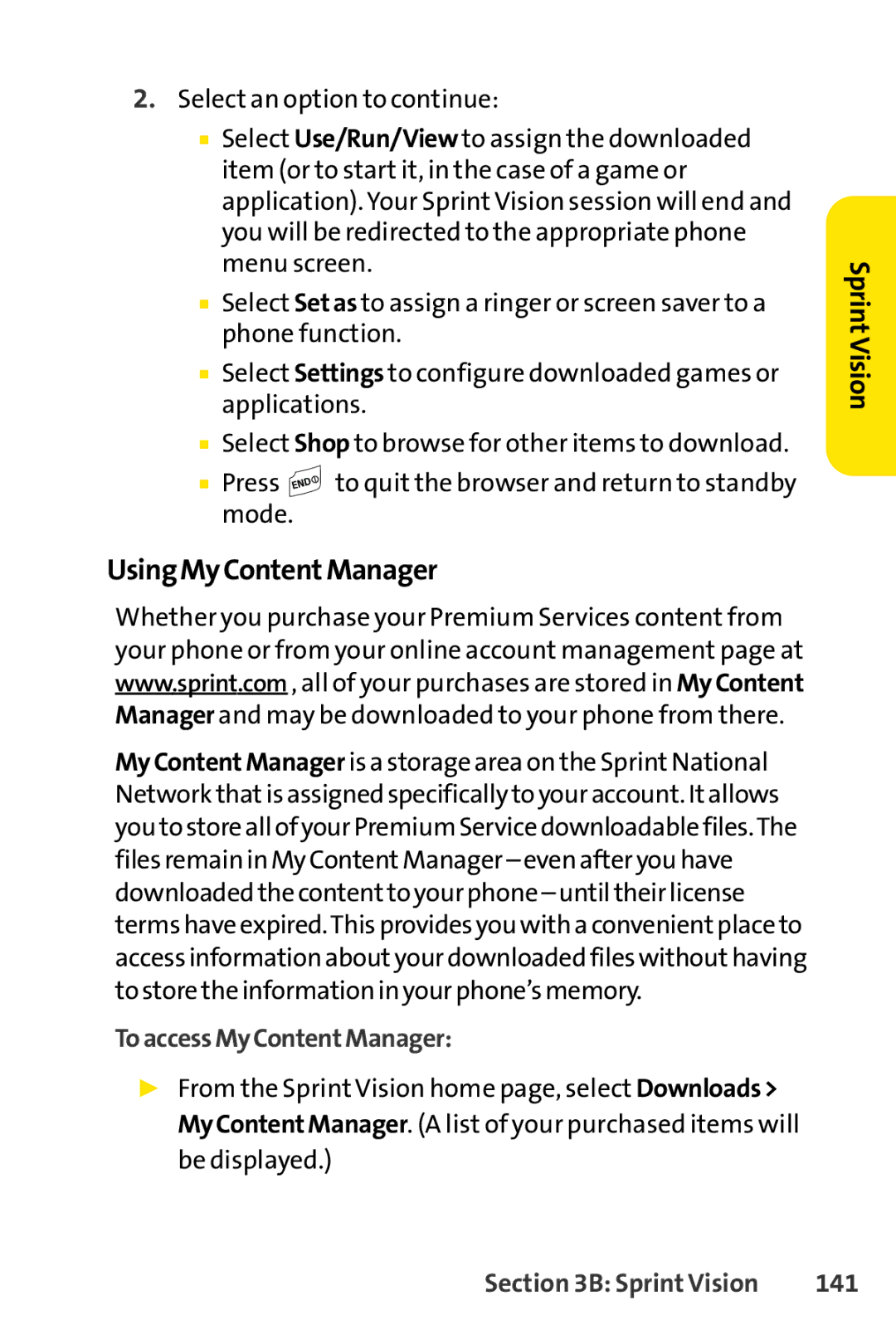 Sprint Nextel LX160 manual UsingMyContentManager, ToaccessMyContentManager, 141 