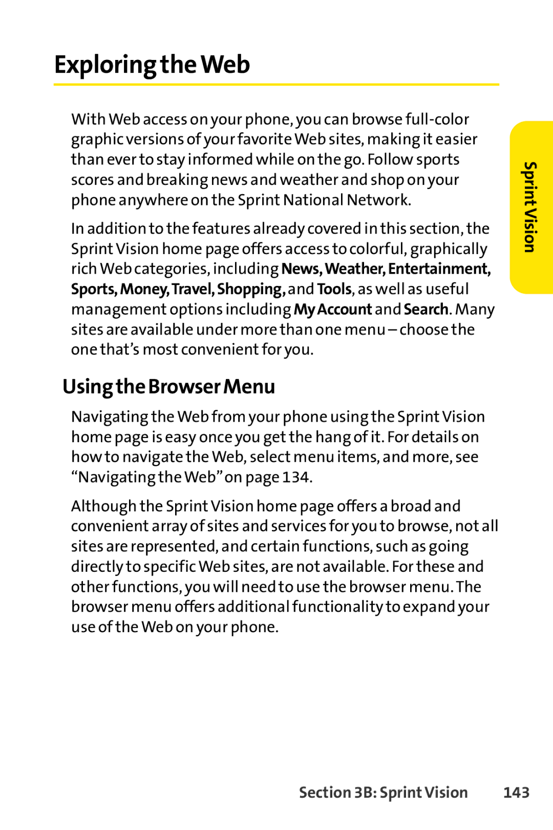 Sprint Nextel LX160 manual Exploring the Web, Using the Browser Menu, 143 