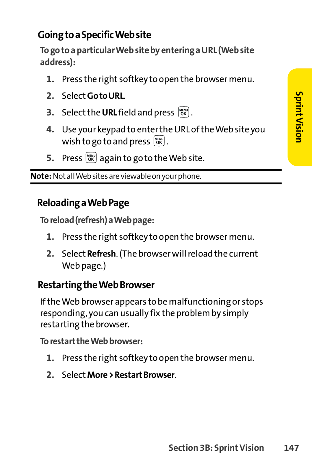 Sprint Nextel LX160 manual GoingtoaSpecificWebsite, ReloadingaWebPage, RestartingtheWebBrowser 