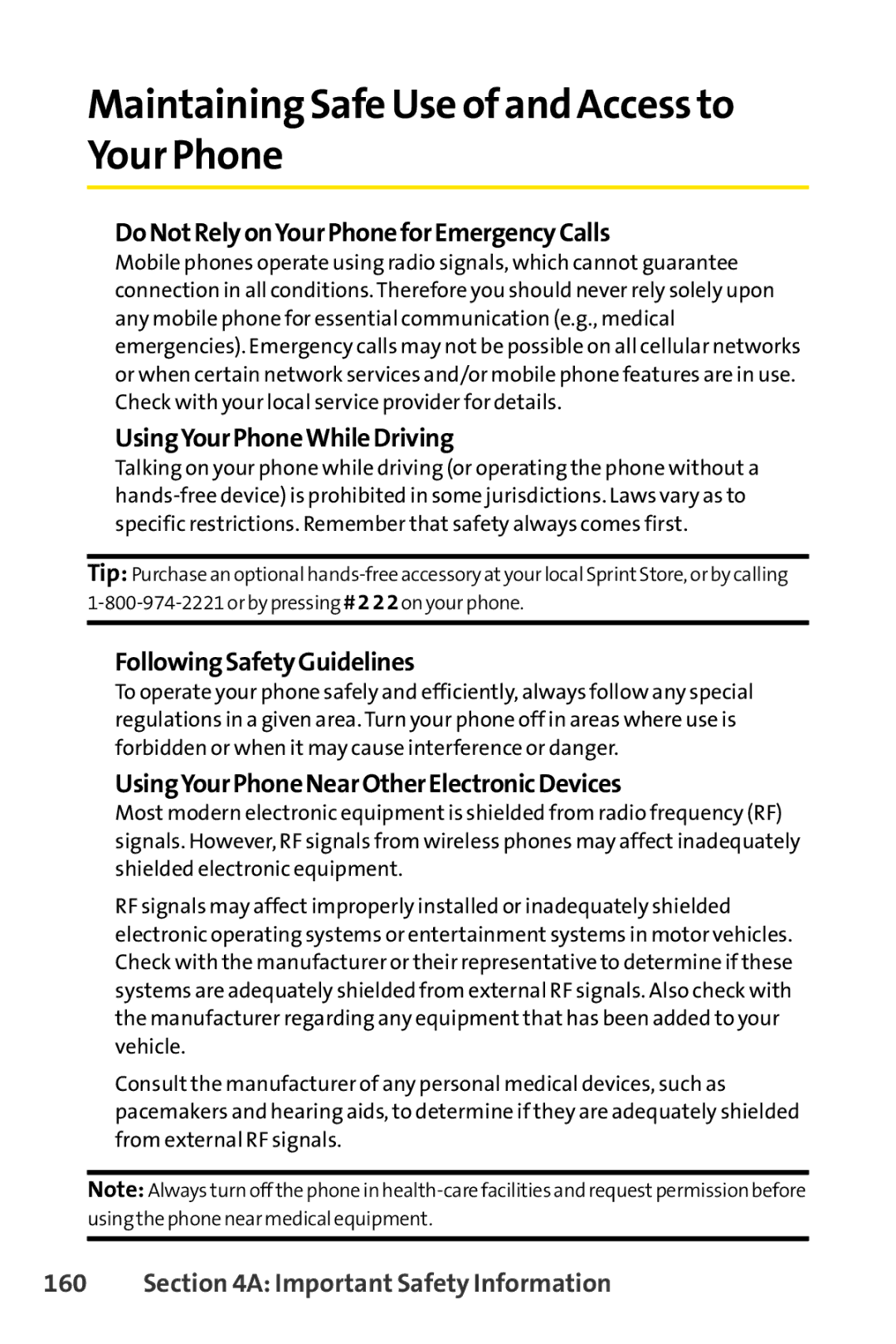 Sprint Nextel LX160 manual Maintaining Safe Use of and Access to Your Phone, DoNotRelyonYourPhoneforEmergencyCalls 