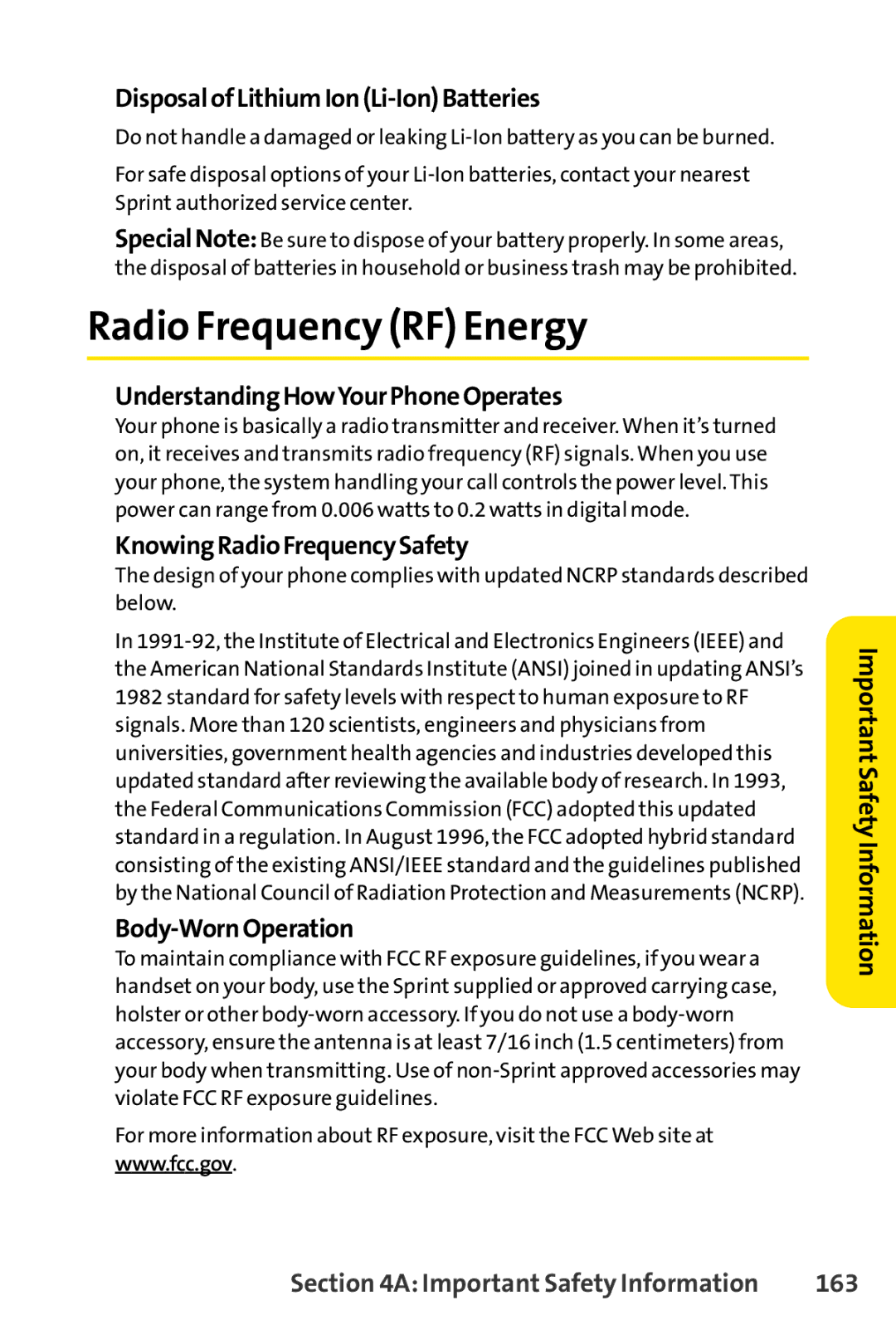 Sprint Nextel LX160 manual Radio Frequency RF Energy, 163 