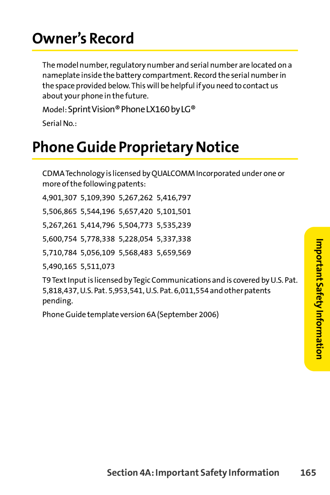 Sprint Nextel LX160 manual Owner’s Record, Phone Guide Proprietary Notice, 165 