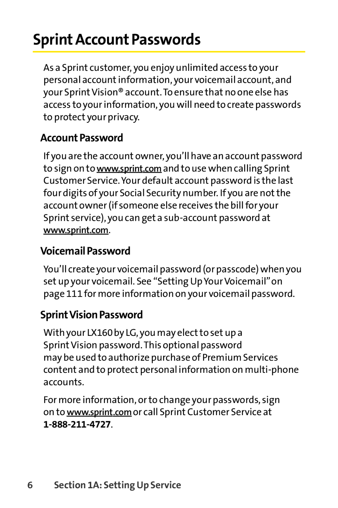 Sprint Nextel LX160 manual Sprint Account Passwords, Account Password VoicemailPassword, SprintVisionPassword 