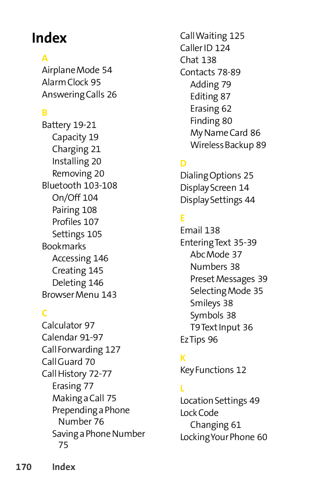 Sprint Nextel LX160 manual Index 