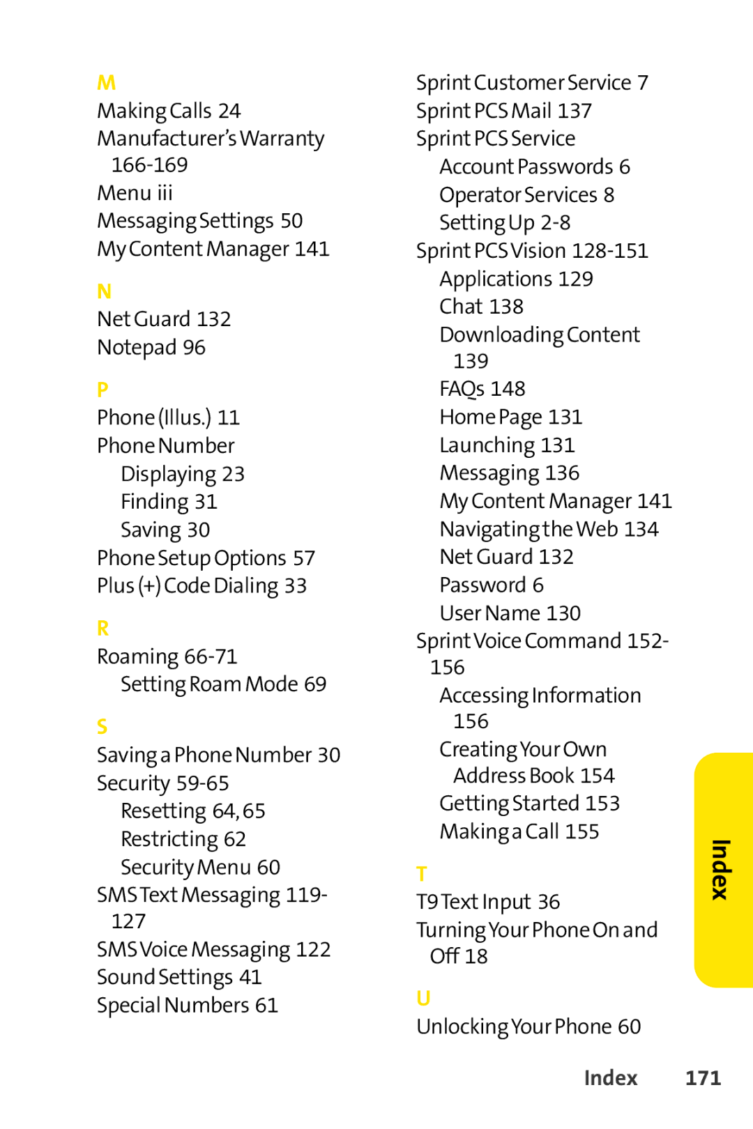 Sprint Nextel LX160 manual Index, 171 