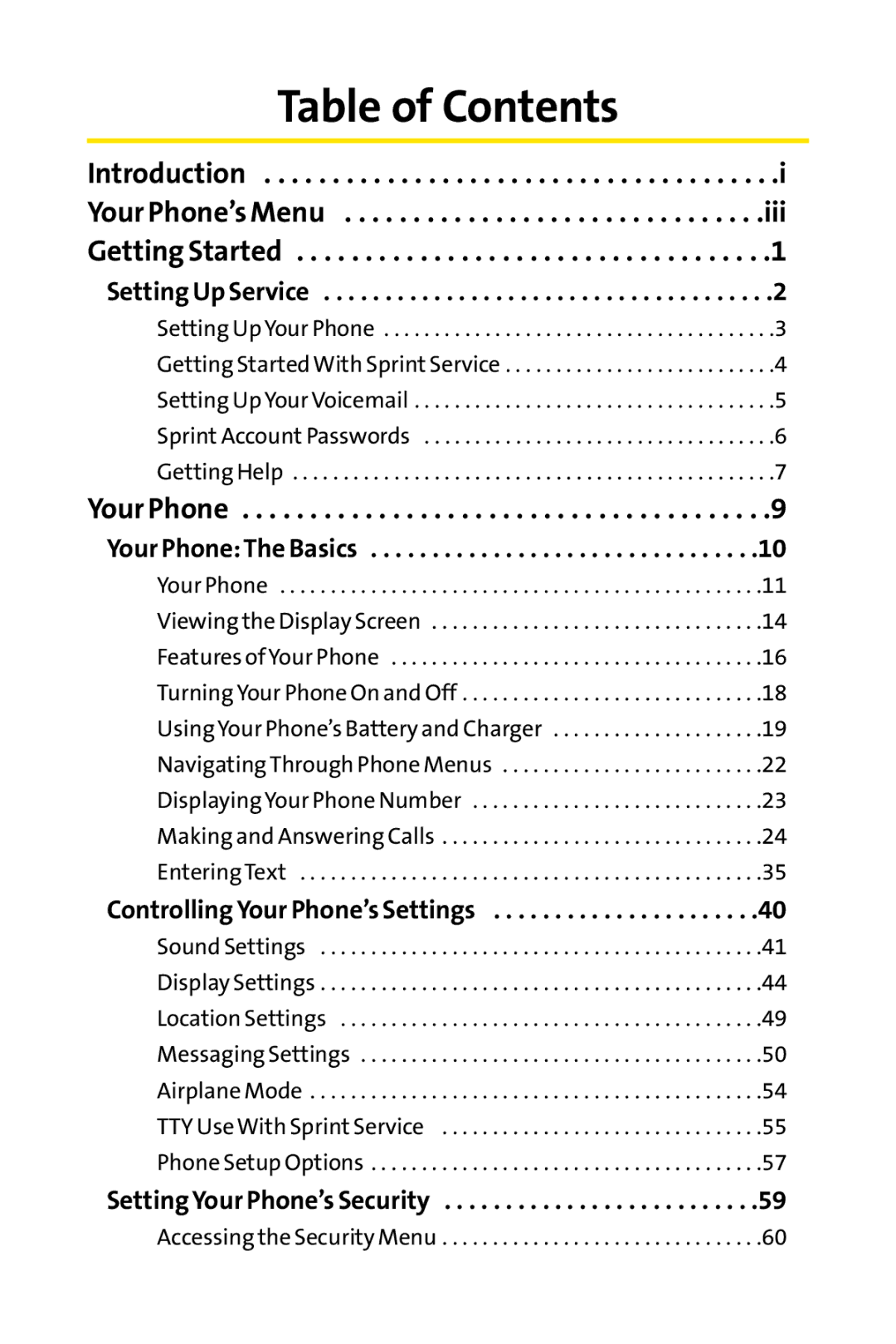 Sprint Nextel LX160 manual Table of Contents 