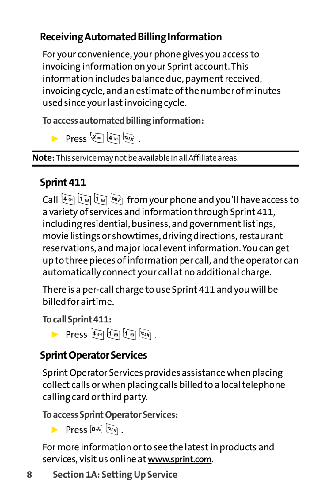 Sprint Nextel LX160 manual ReceivingAutomatedBillingInformation, Sprint411, SprintOperatorServices 