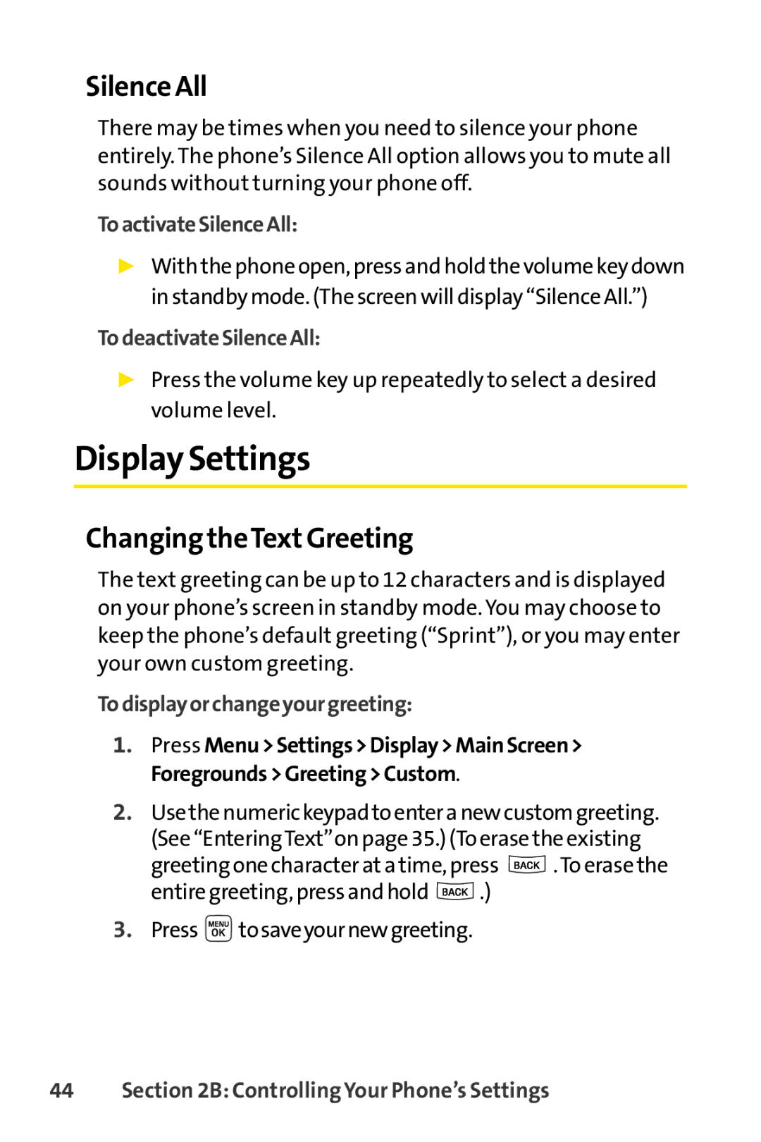 Sprint Nextel LX160 manual Display Settings, Silence All, Changing theTextGreeting 