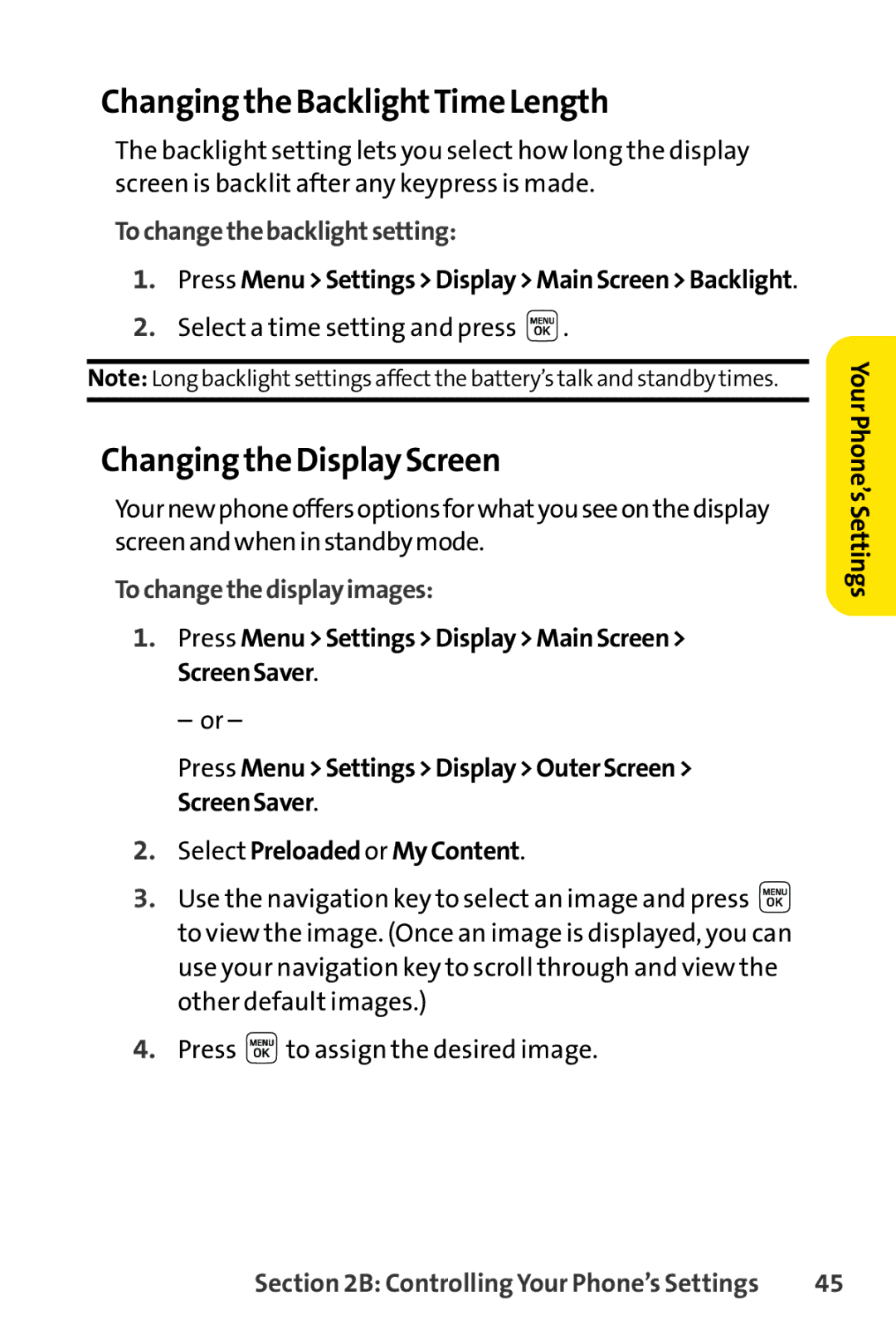 Sprint Nextel LX160 manual Changing the BacklightTime Length, Changing the Display Screen, Tochangethebacklightsetting 