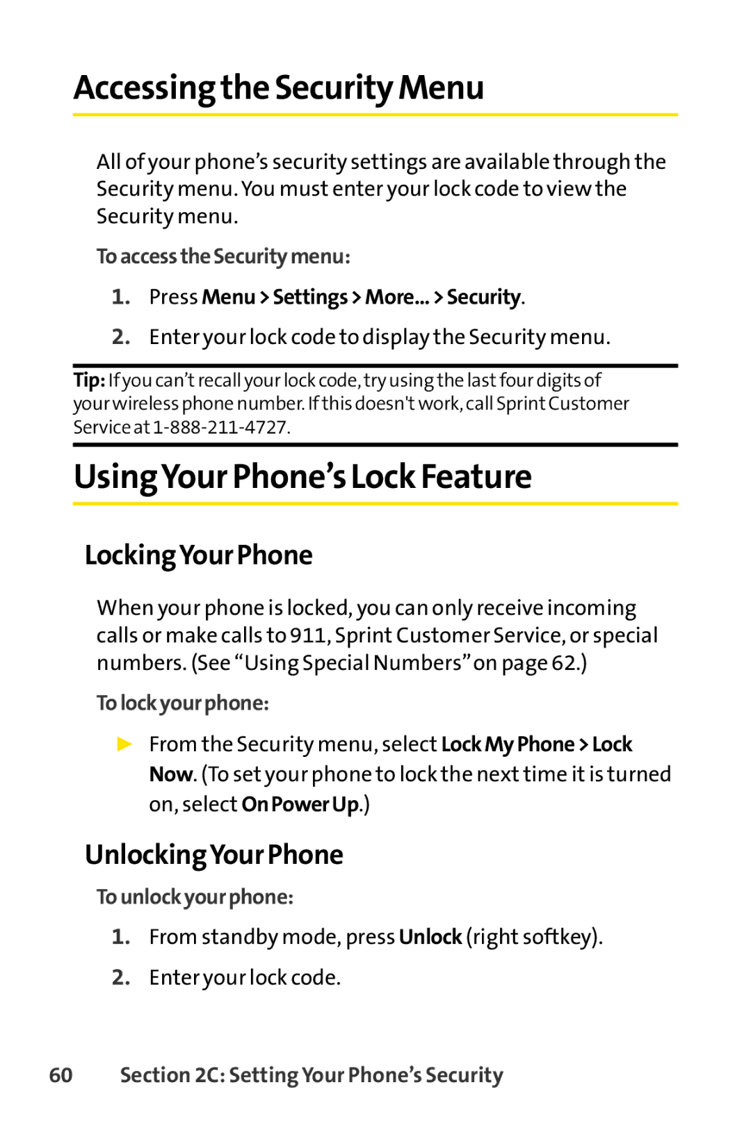 Sprint Nextel LX160 Accessing the Security Menu, UsingYour Phone’s Lock Feature, LockingYour Phone, UnlockingYour Phone 