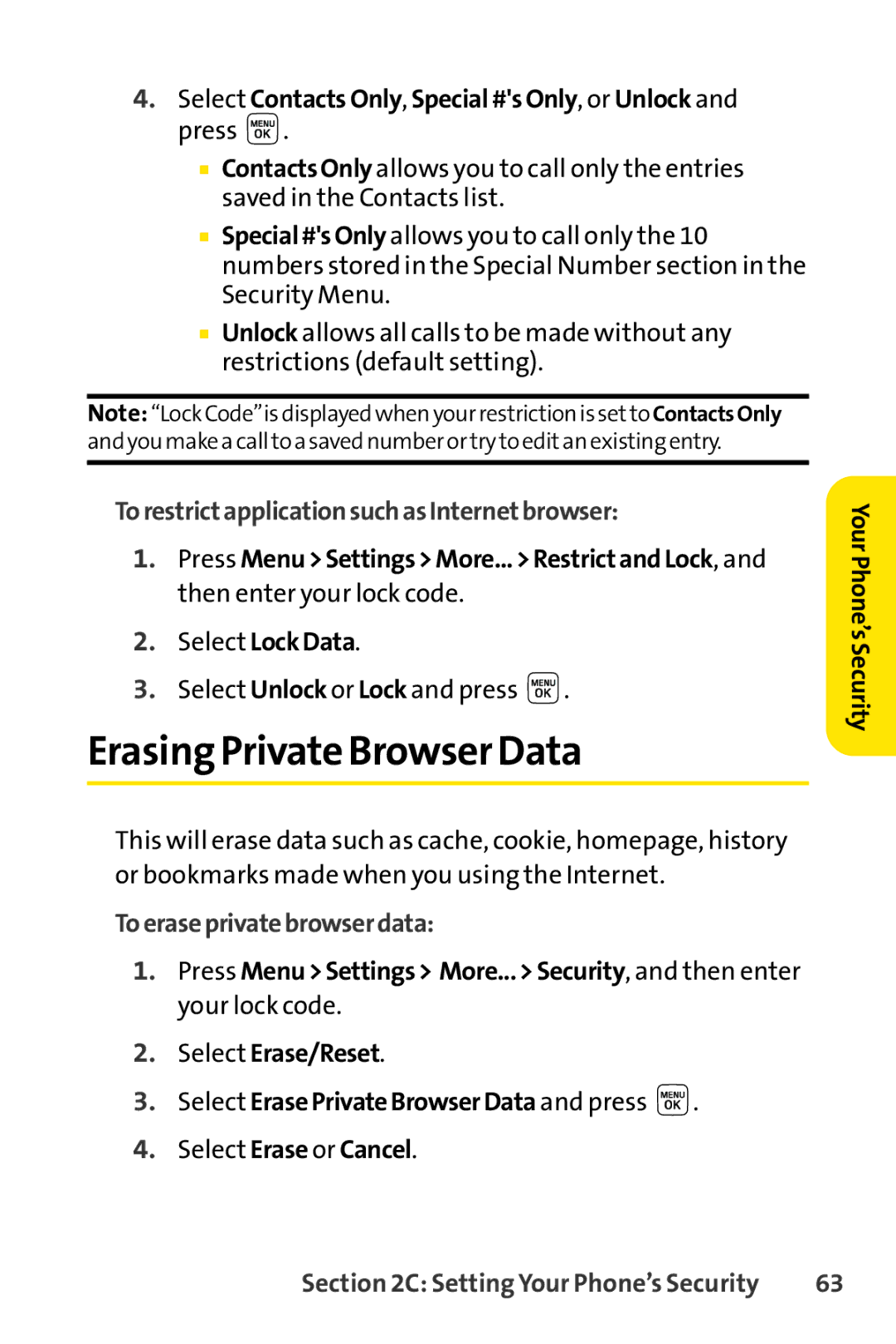 Sprint Nextel LX160 manual Erasing Private Browser Data, Select ContactsOnly, Special#sOnly, or Unlock and press 