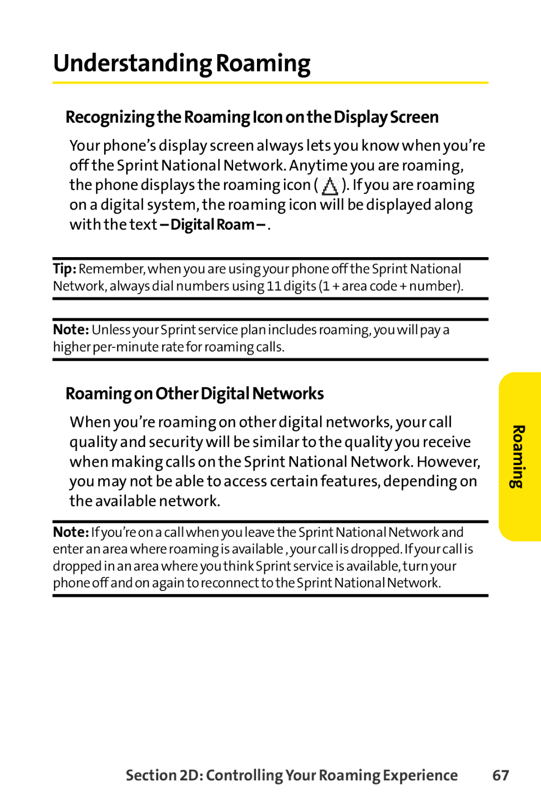 Sprint Nextel LX160 Understanding Roaming, RecognizingtheRoamingIconontheDisplayScreen, RoamingonOtherDigitalNetworks 