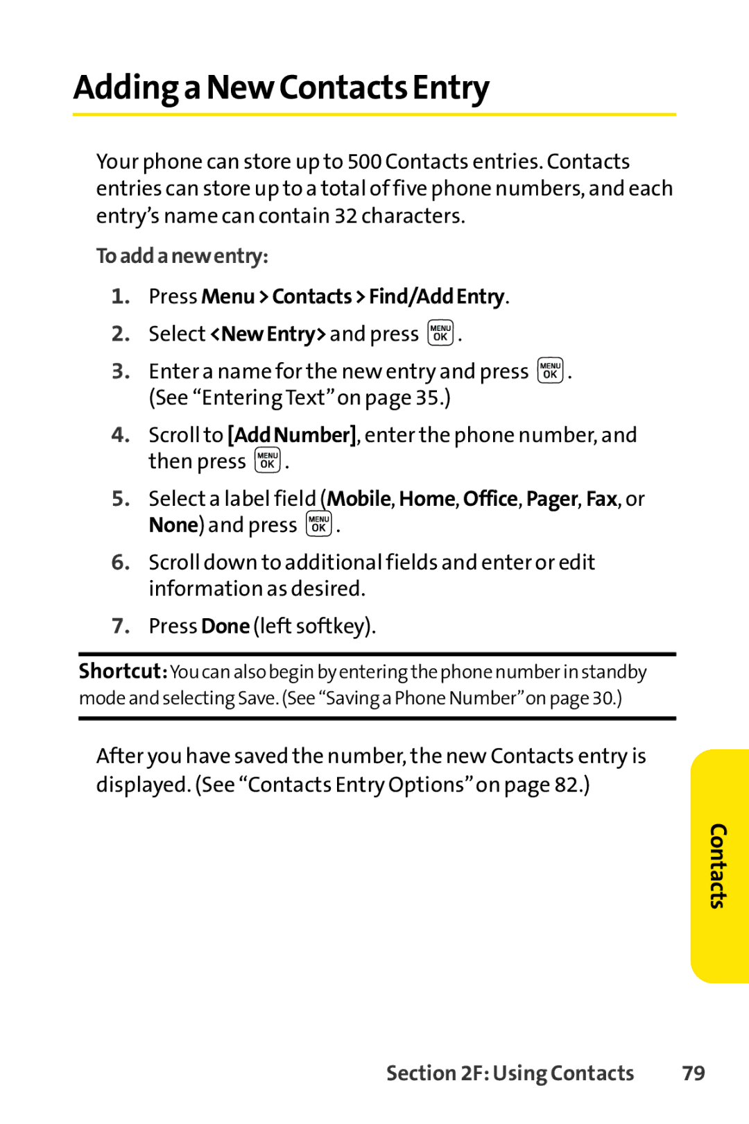 Sprint Nextel LX160 manual Addinga New Contacts Entry, Toaddanewentry, Press MenuContactsFind/AddEntry 