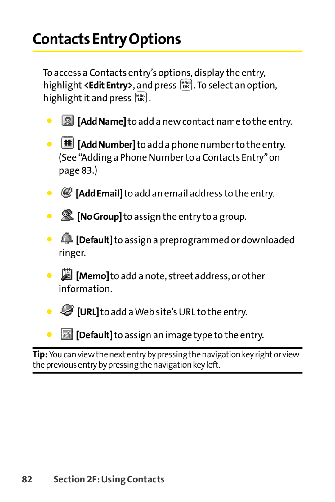 Sprint Nextel LX160 manual Contacts Entry Options 