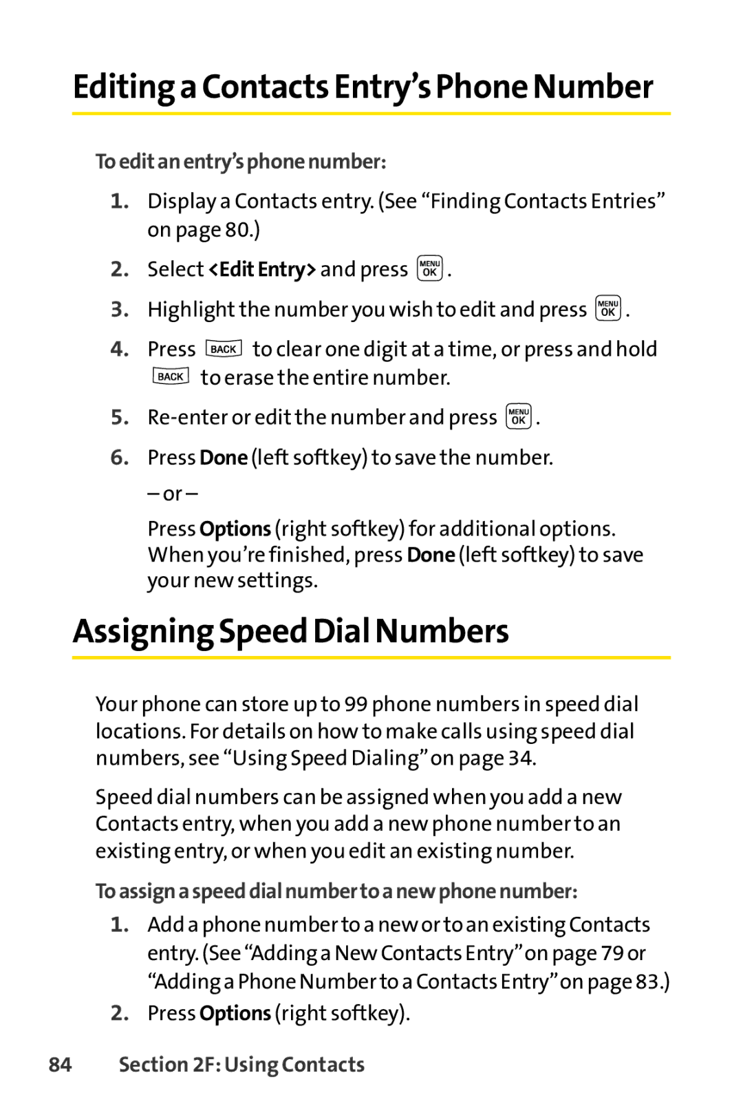 Sprint Nextel LX160 Assigning Speed Dial Numbers, Toeditanentry’sphonenumber, Toassignaspeeddialnumbertoanewphonenumber 