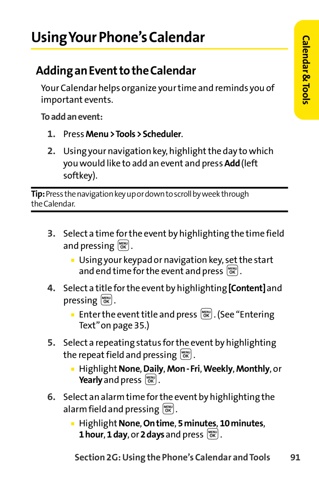 Sprint Nextel LX160 manual UsingYour Phone’s Calendar, Adding an Eventto the Calendar, Calendar &Tools, Toaddanevent 