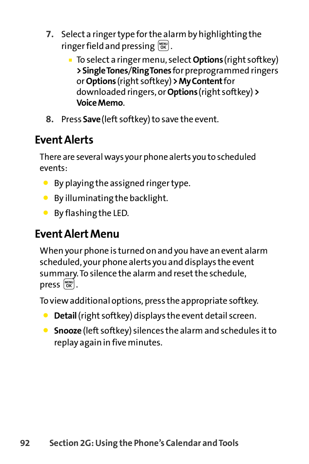 Sprint Nextel LX160 manual Event Alerts, Event Alert Menu, G Using the Phone’s Calendar and Tools 