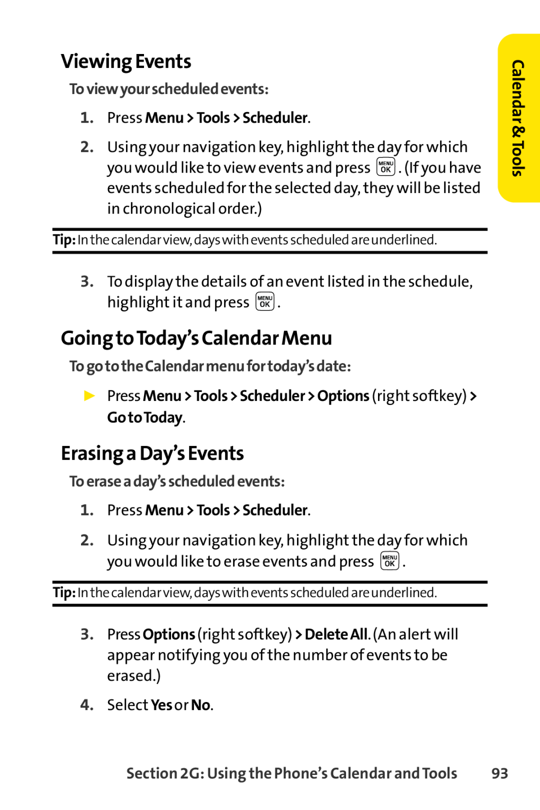 Sprint Nextel LX160 manual Viewing Events, Going toToday’s Calendar Menu, Erasing a Day’s Events, Toviewyourscheduledevents 