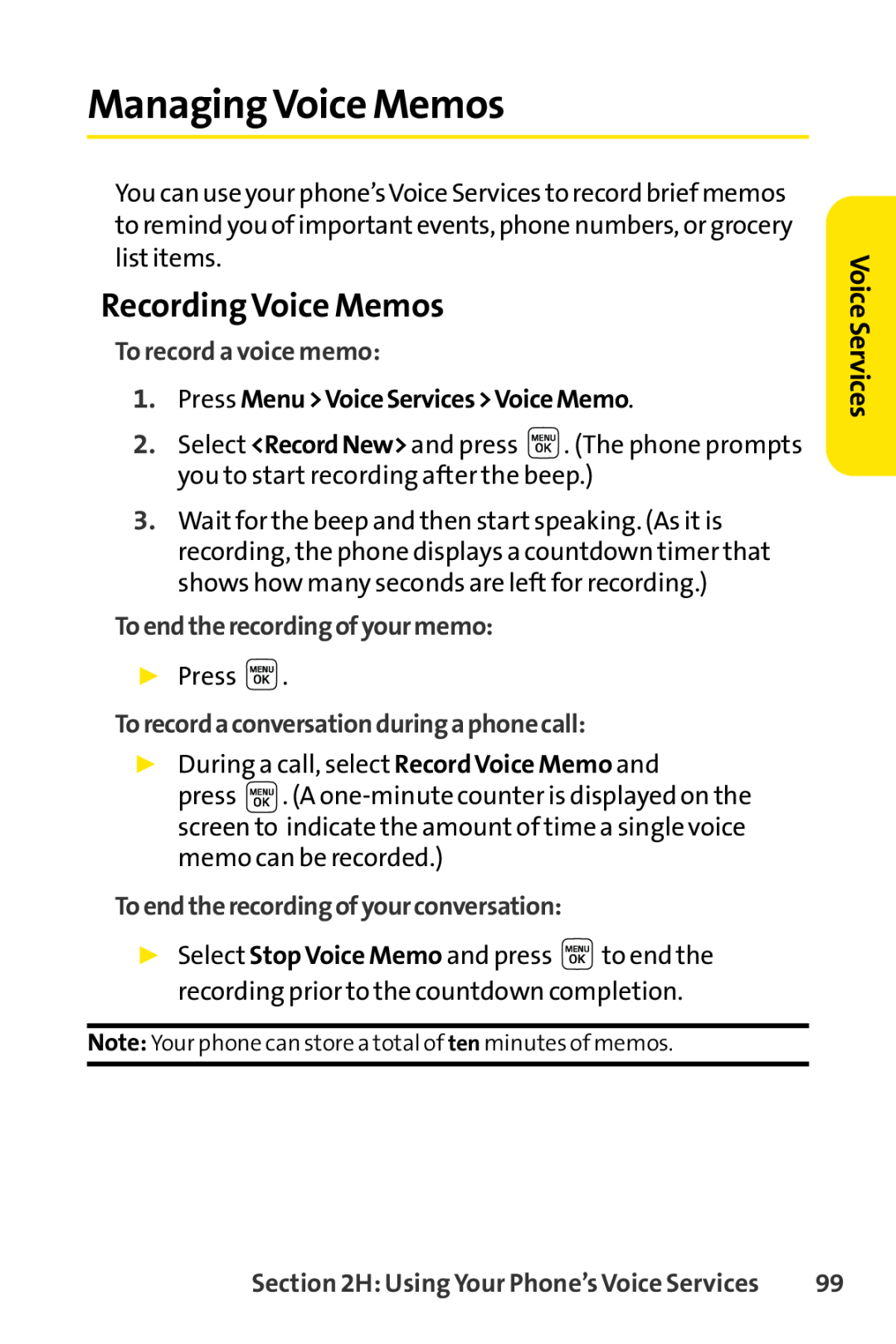 Sprint Nextel LX160 manual Managing Voice Memos, Recording Voice Memos, Voice Services, To record a voice memo 