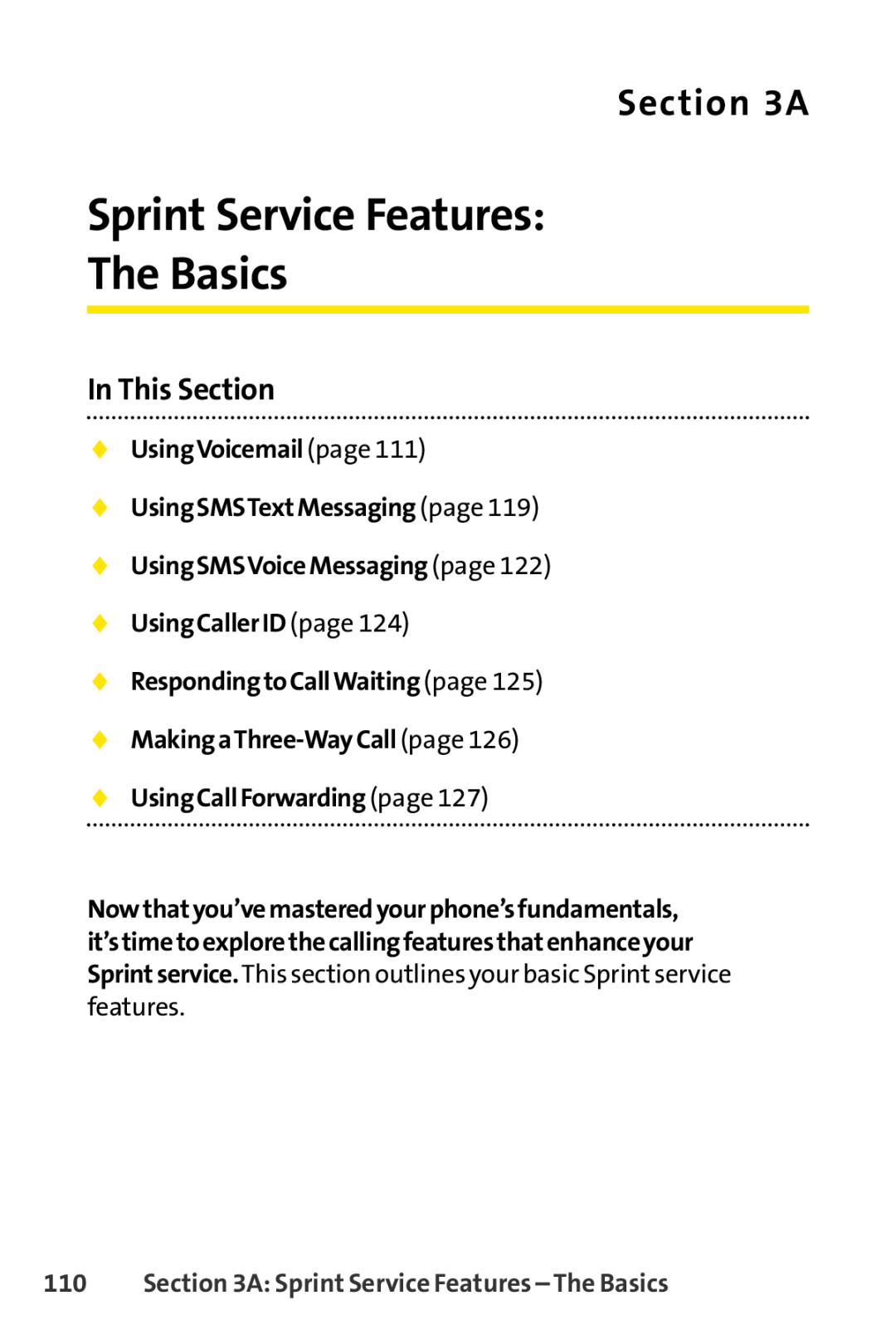 Sprint Nextel LX160 manual Sprint Service Features The Basics, A,  UsingVoicemail page  UsingSMSTextMessaging page 