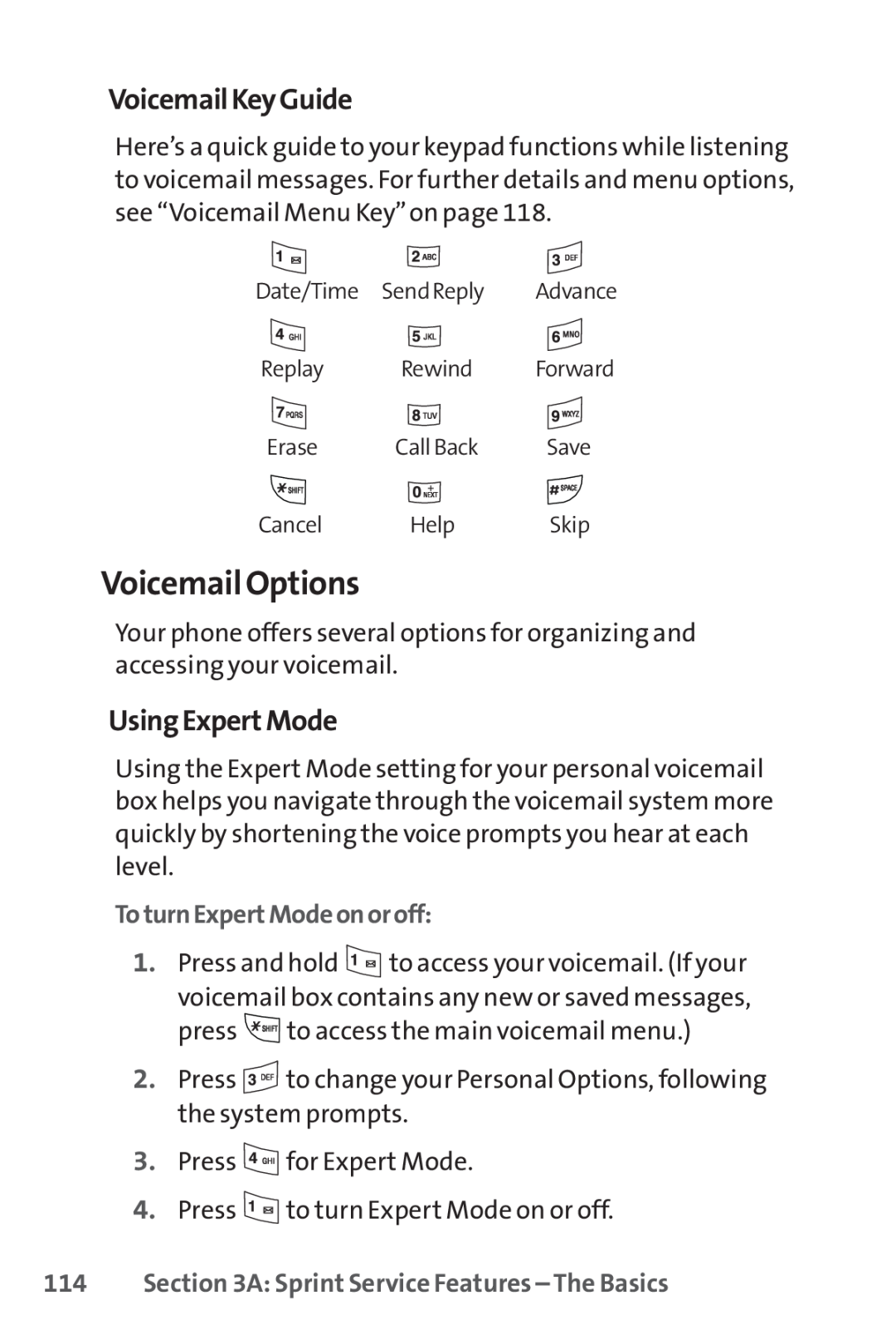 Sprint Nextel LX160 manual Voicemail Options, VoicemailKeyGuide, UsingExpertMode, ToturnExpertModeonoroff 